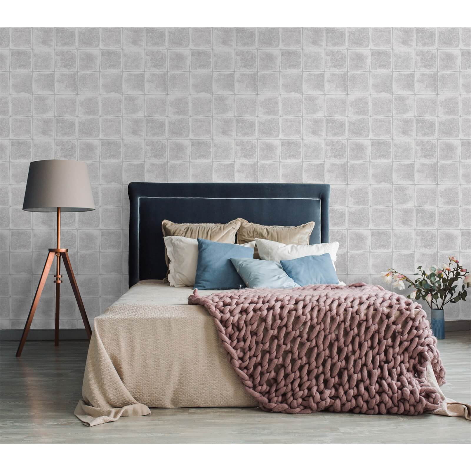 Holden Decor Furano Tile Textured Metallic Grey Wallpaper