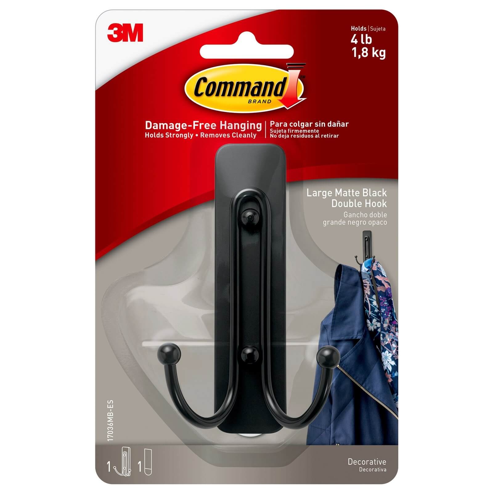 Command Large Self Adhesive Double Hook - Matte Black