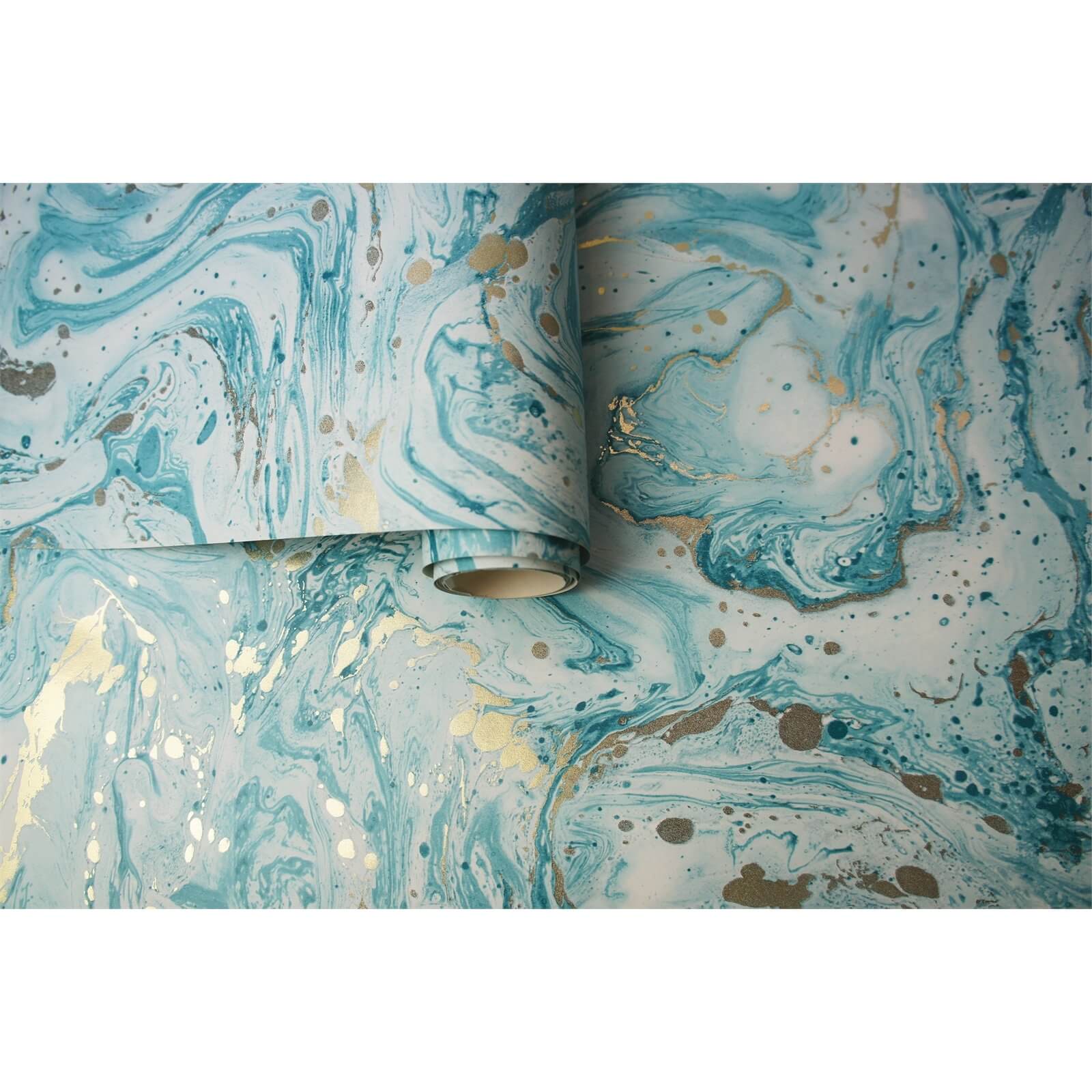 Holden Decor Azurite Marble Effect Smooth Metallic Teal and Gold Wallpaper