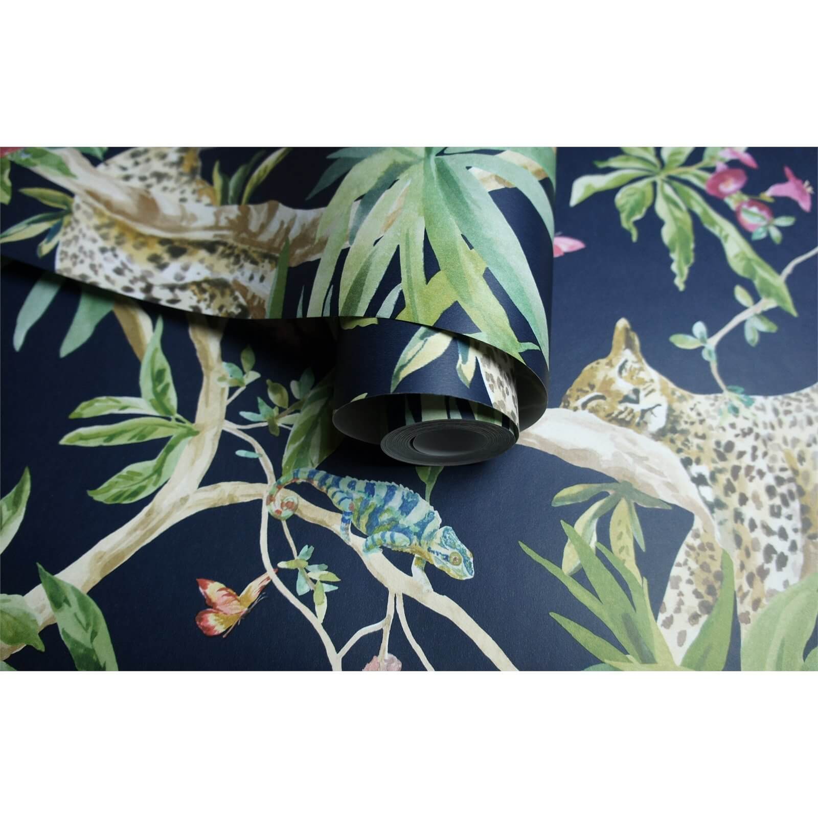 Holden Decor Jungle Animals Smooth Metallic Navy Background Wallpaper