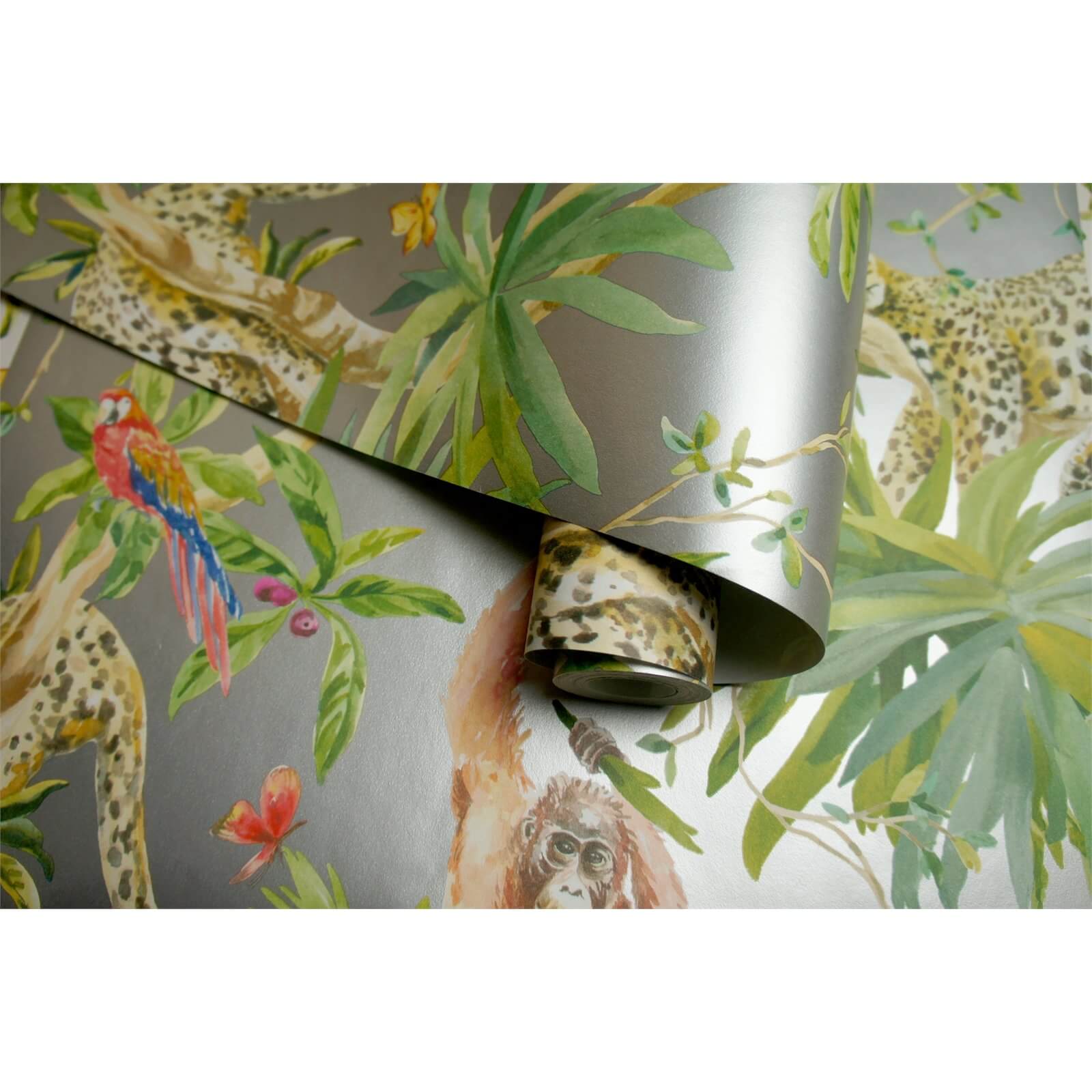 Holden Decor Jungle Animals Smooth Metallic Silver Background Wallpaper
