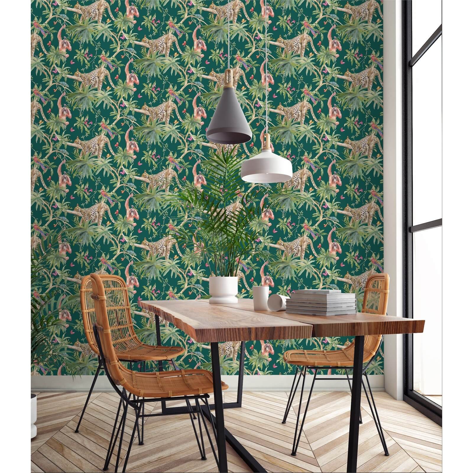 Holden Decor Jungle Animals Smooth Metallic Green Background Wallpaper