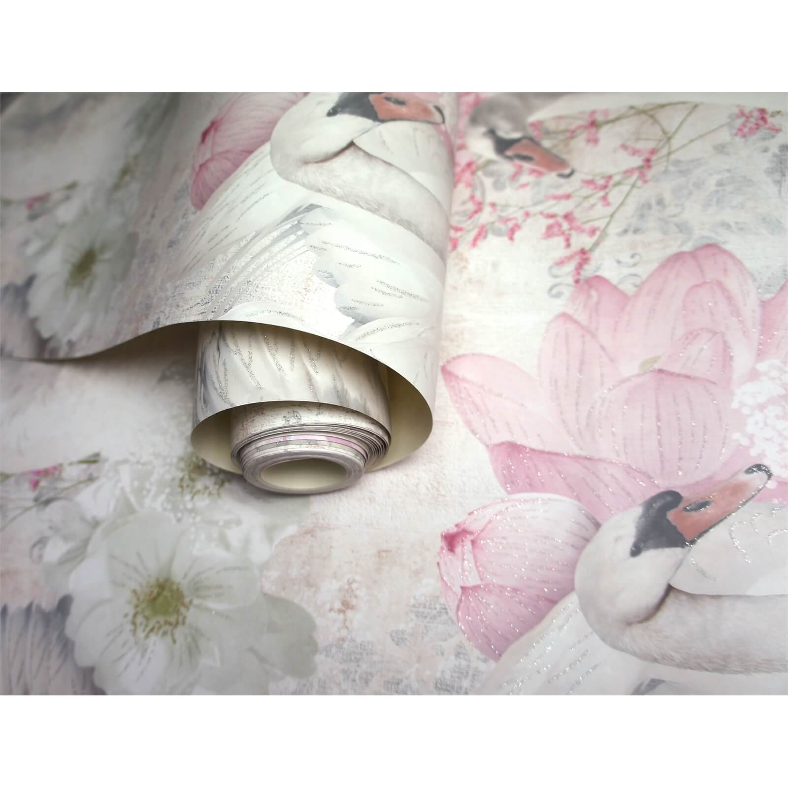Holden Decor Glitter Swans Damask Smooth Pink Wallpaper