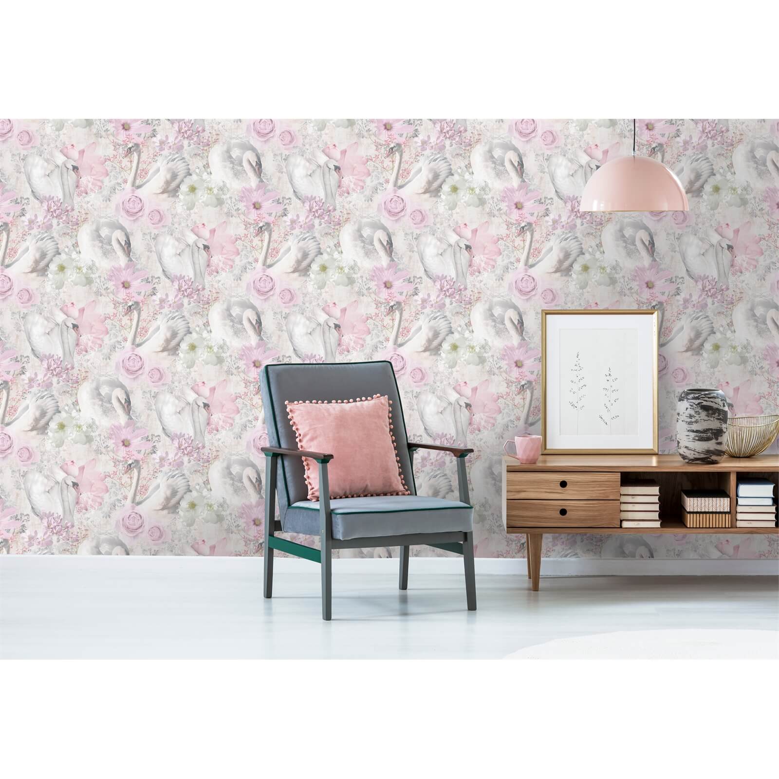 Holden Decor Glitter Swans Damask Smooth Pink Wallpaper