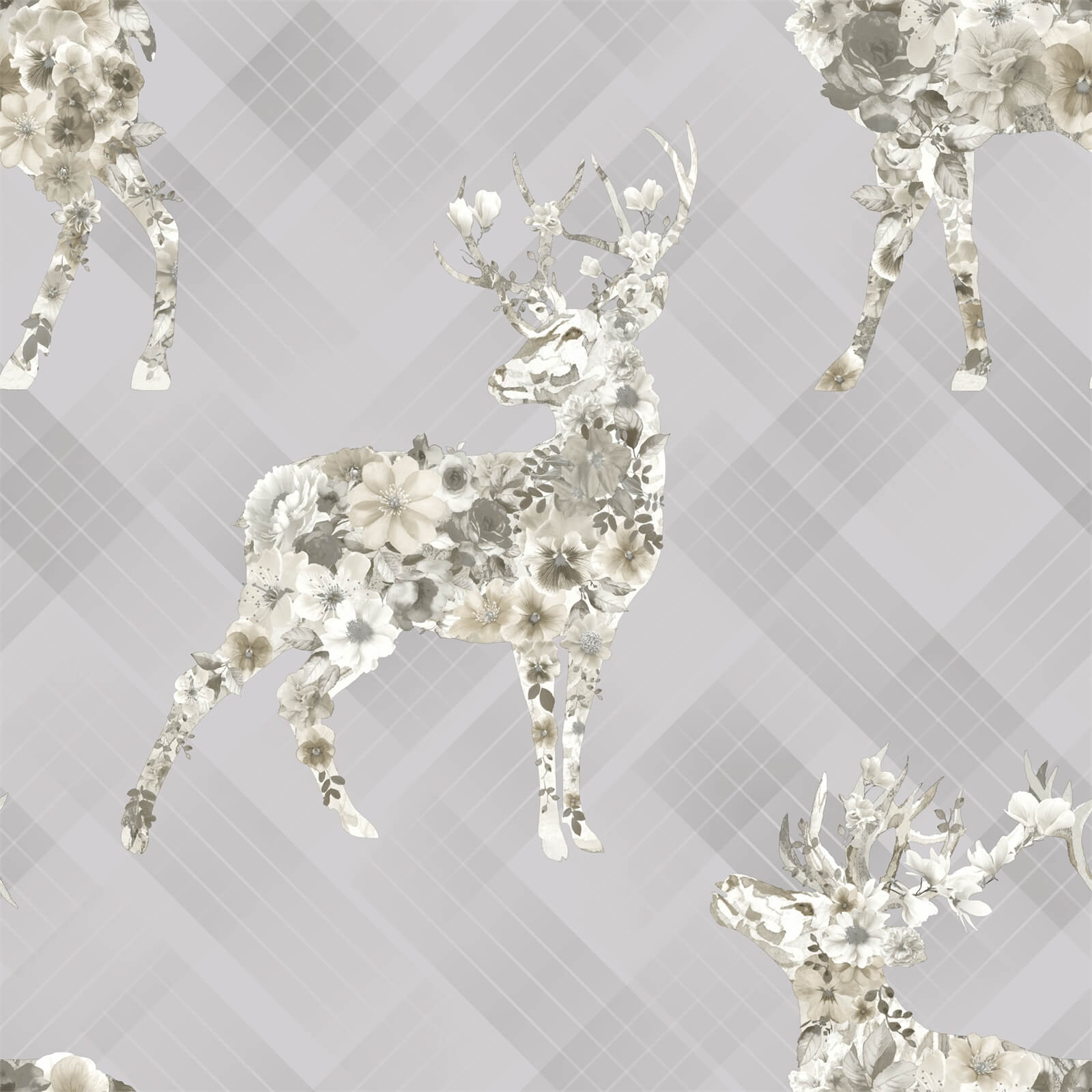 Holden Decor Floral Elk Stag Smooth Metallic Grey and Beige Wallpaper