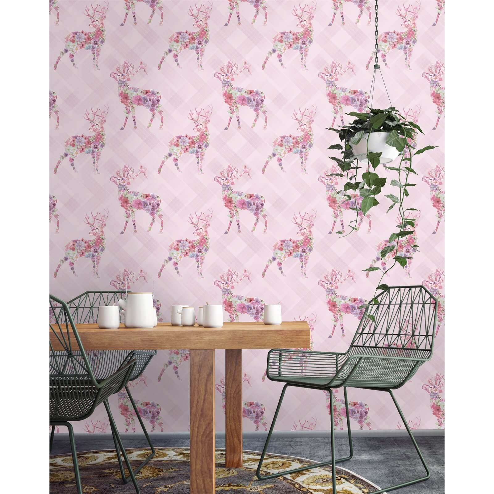 Holden Decor Floral Elk Stag Smooth Metallic Pink Wallpaper