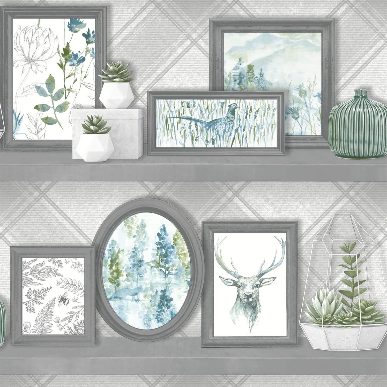 Holden Decor Stag Frames Animal Smooth Grey and Teal Wallpaper