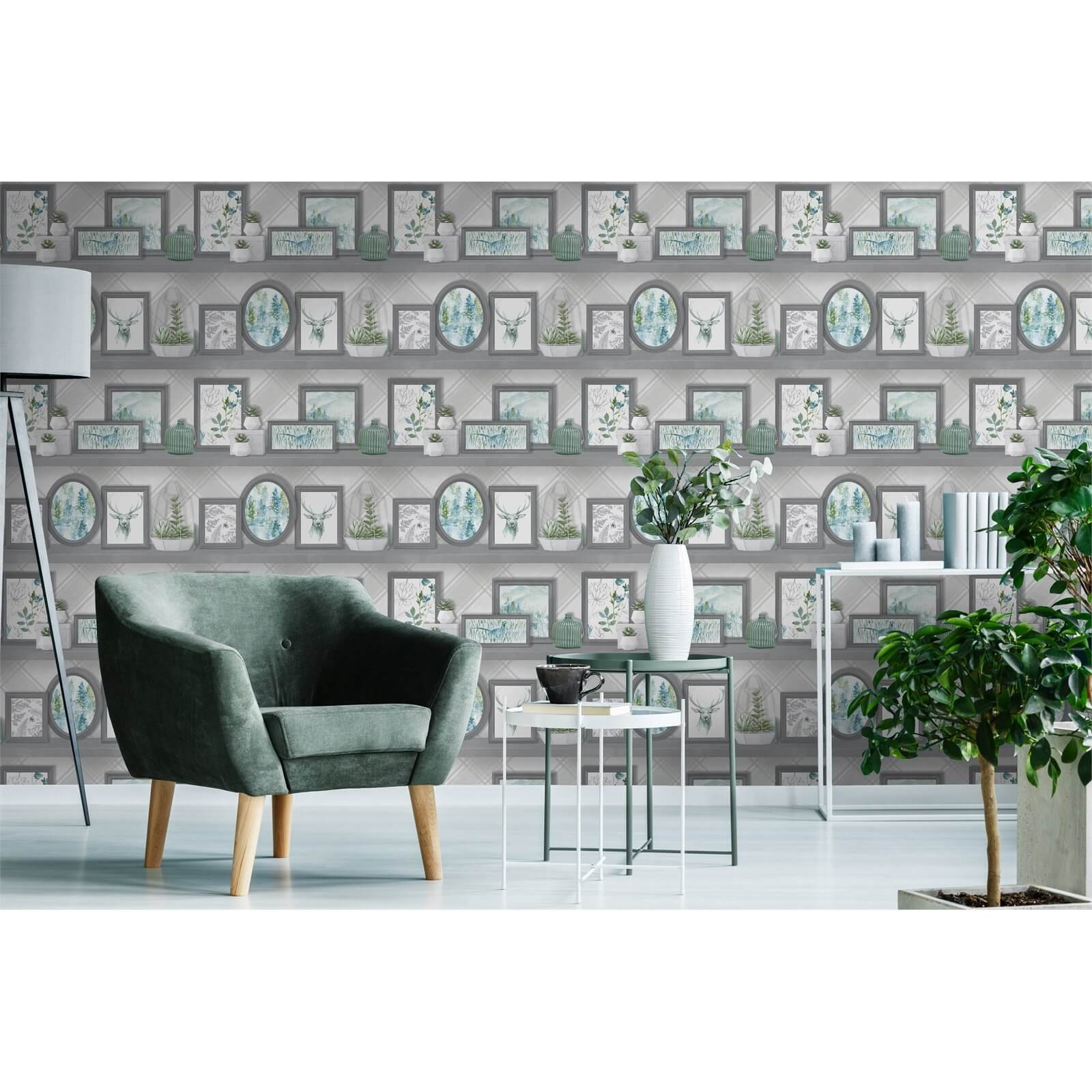 Holden Decor Stag Frames Animal Smooth Grey and Teal Wallpaper