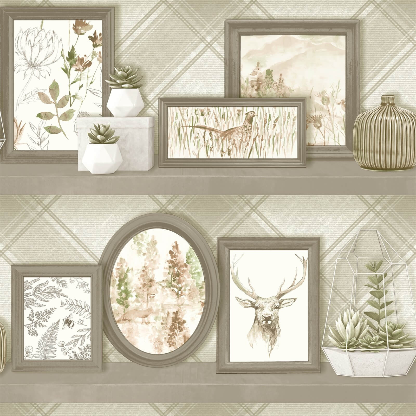 Holden Decor Stag Frames Animal Smooth Beige and Grey Wallpaper