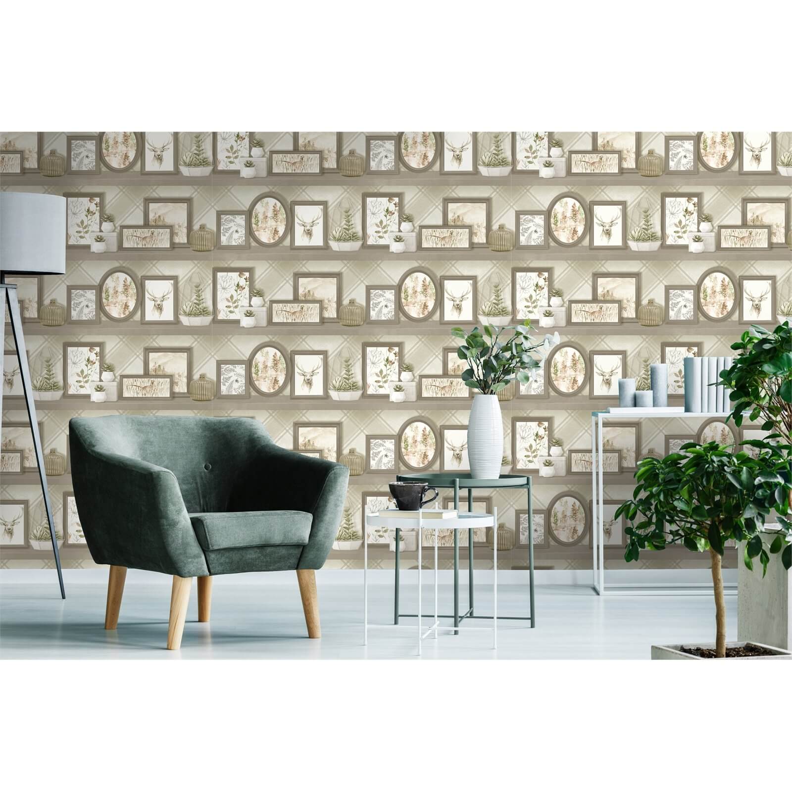 Holden Decor Stag Frames Animal Smooth Beige and Grey Wallpaper