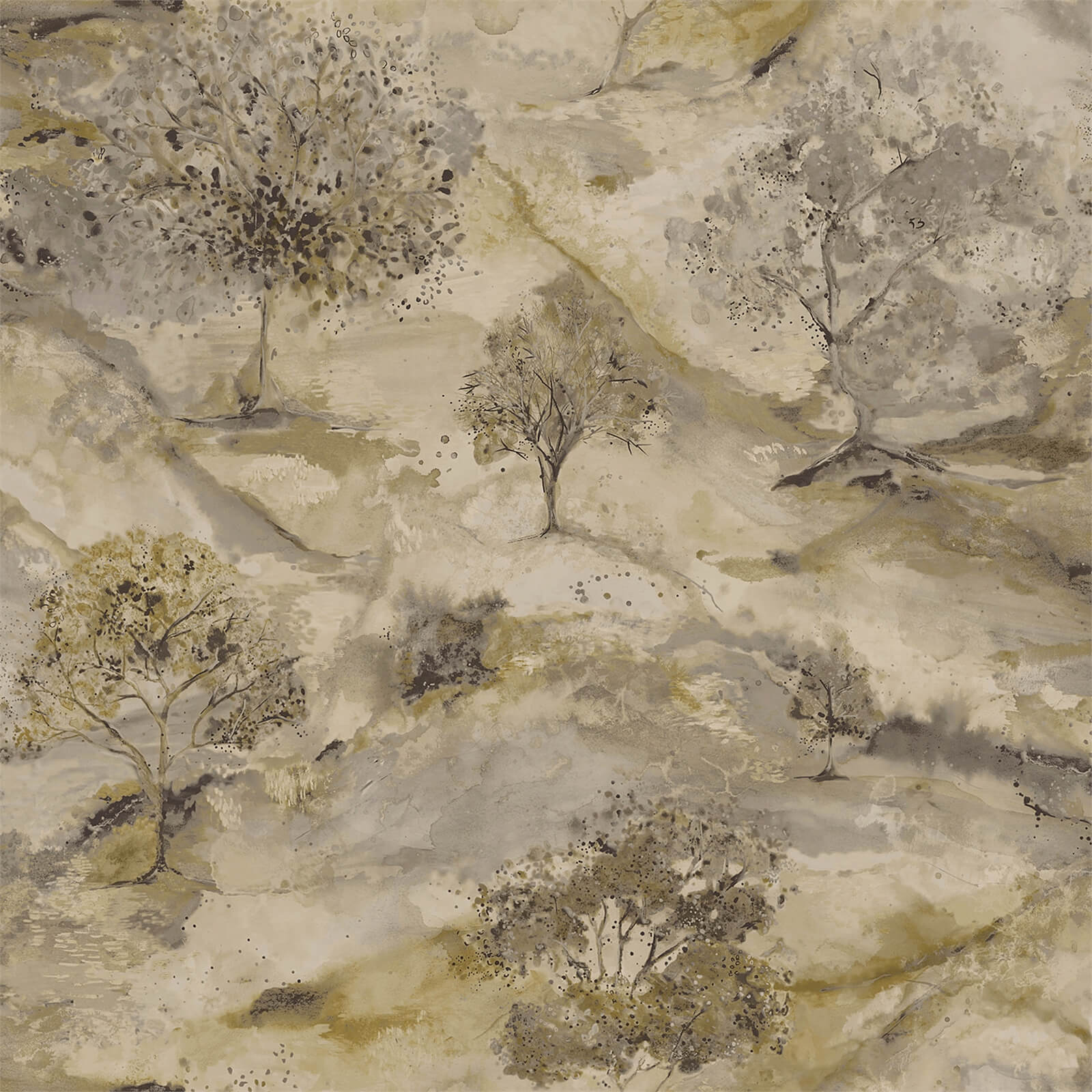 Holden Decor Ascadia Tree Textured Metallic Gold and Charcoal Wallpaper