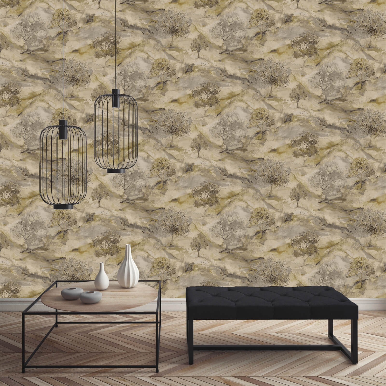 Holden Decor Ascadia Tree Textured Metallic Gold and Charcoal Wallpaper