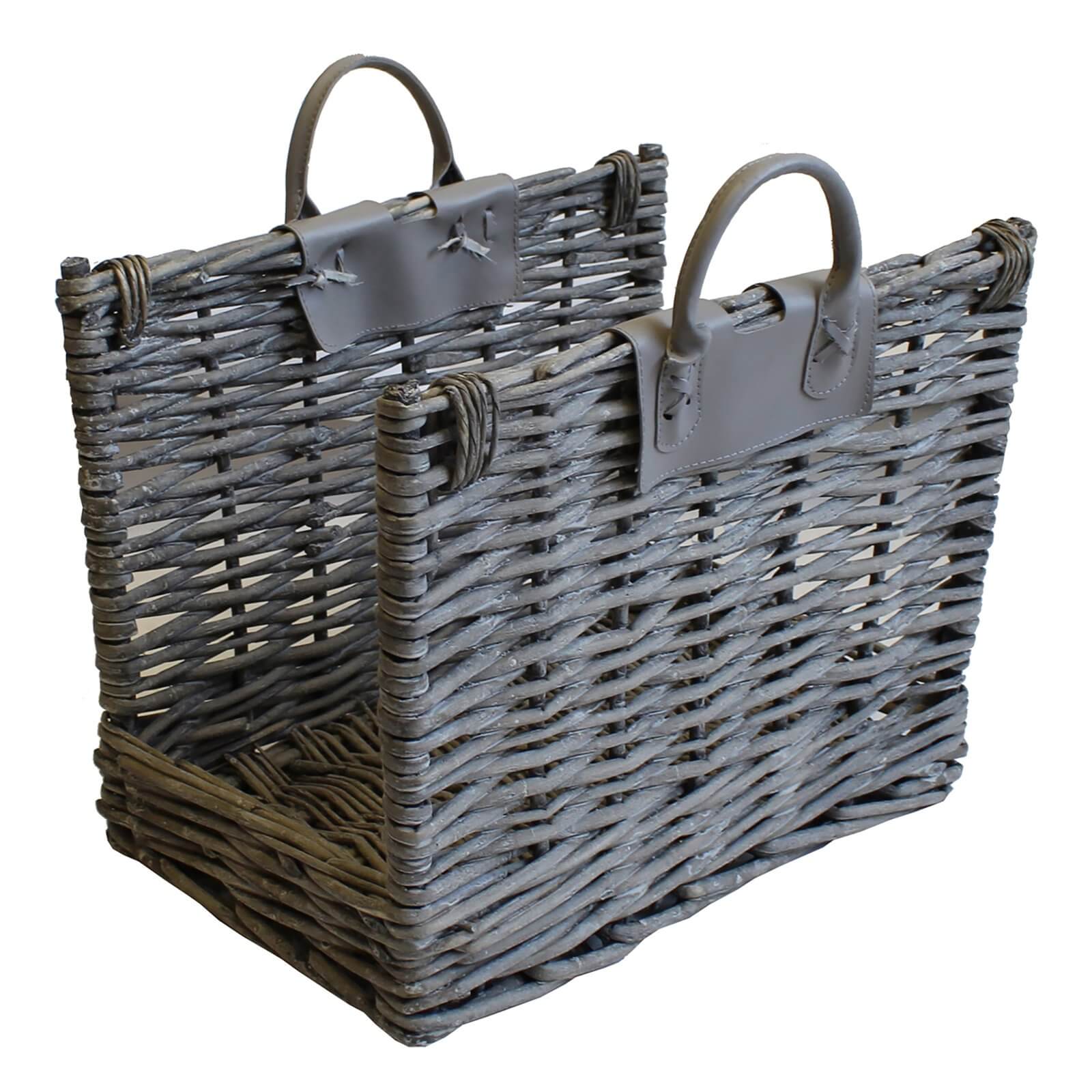 Grey Wicker Log Carrier With Handles