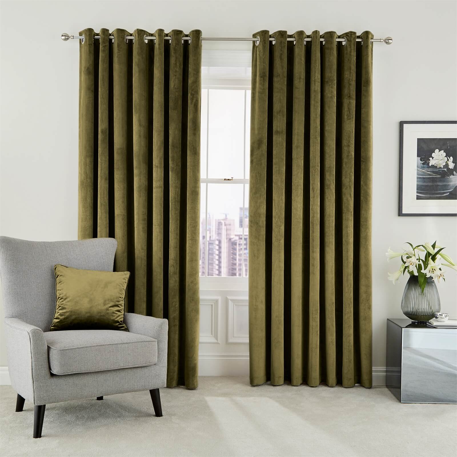 Peacock Blue Hotel Collection Escala Lined Curtains 90 x 90 - Olive