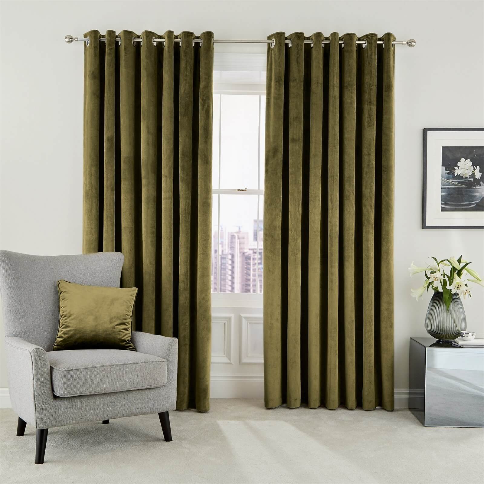 Peacock Blue Hotel Collection Escala Lined Curtains 66 x 54 - Olive