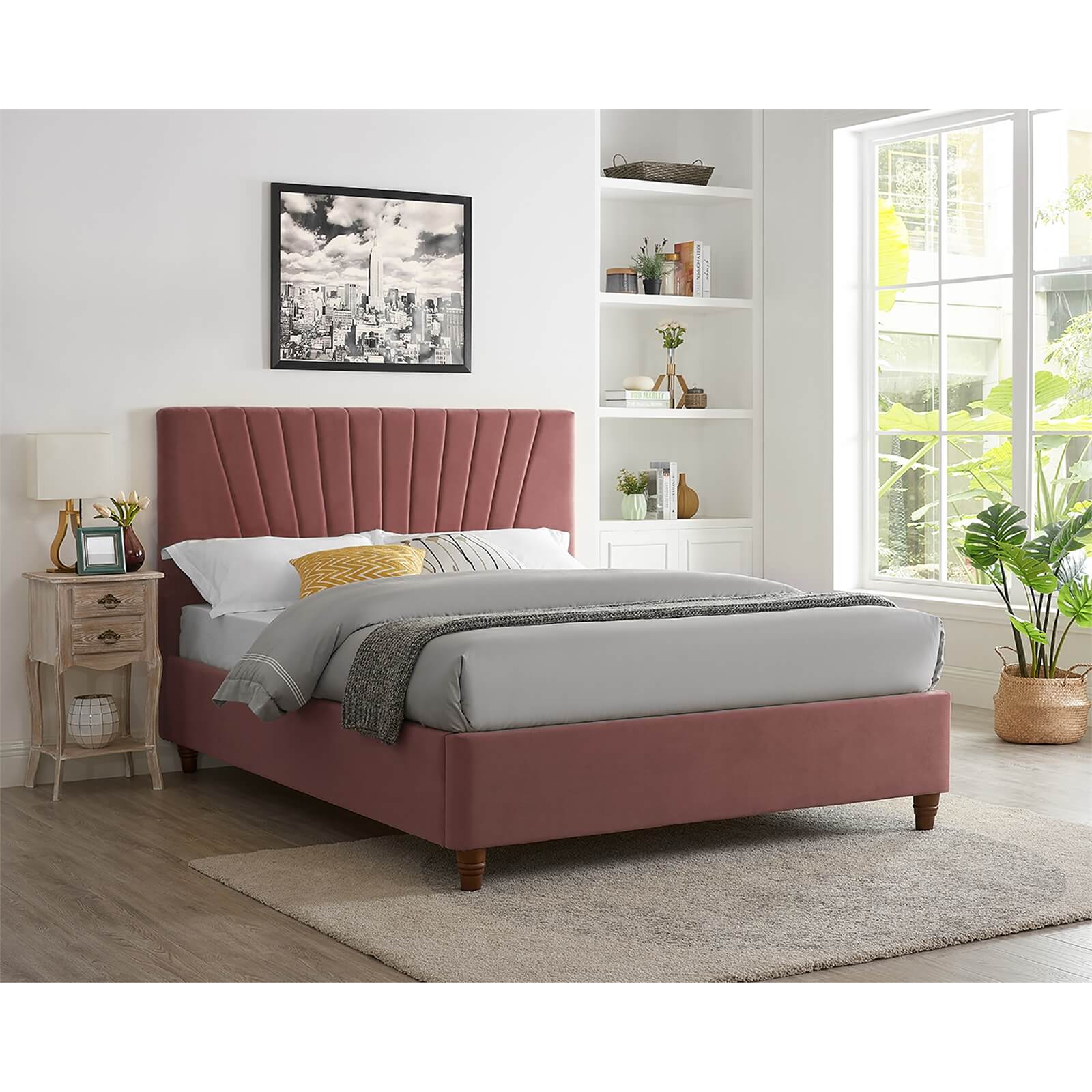Lexie Velvet Upholstered Double Bed - Pink
