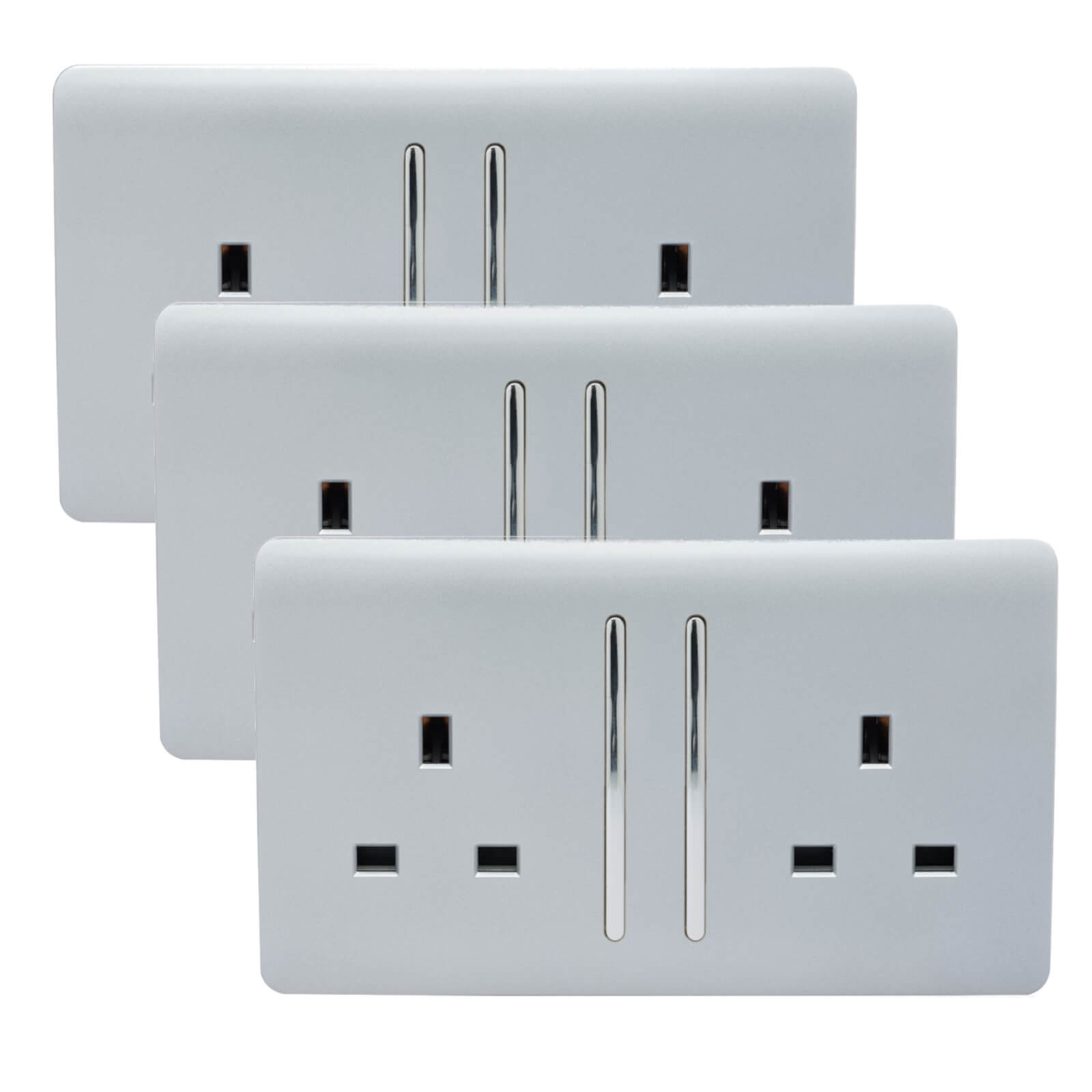 Trendi Switch 2 Gang 13 amp long switched Plug Socket in Screwless Silver (3 Pack)