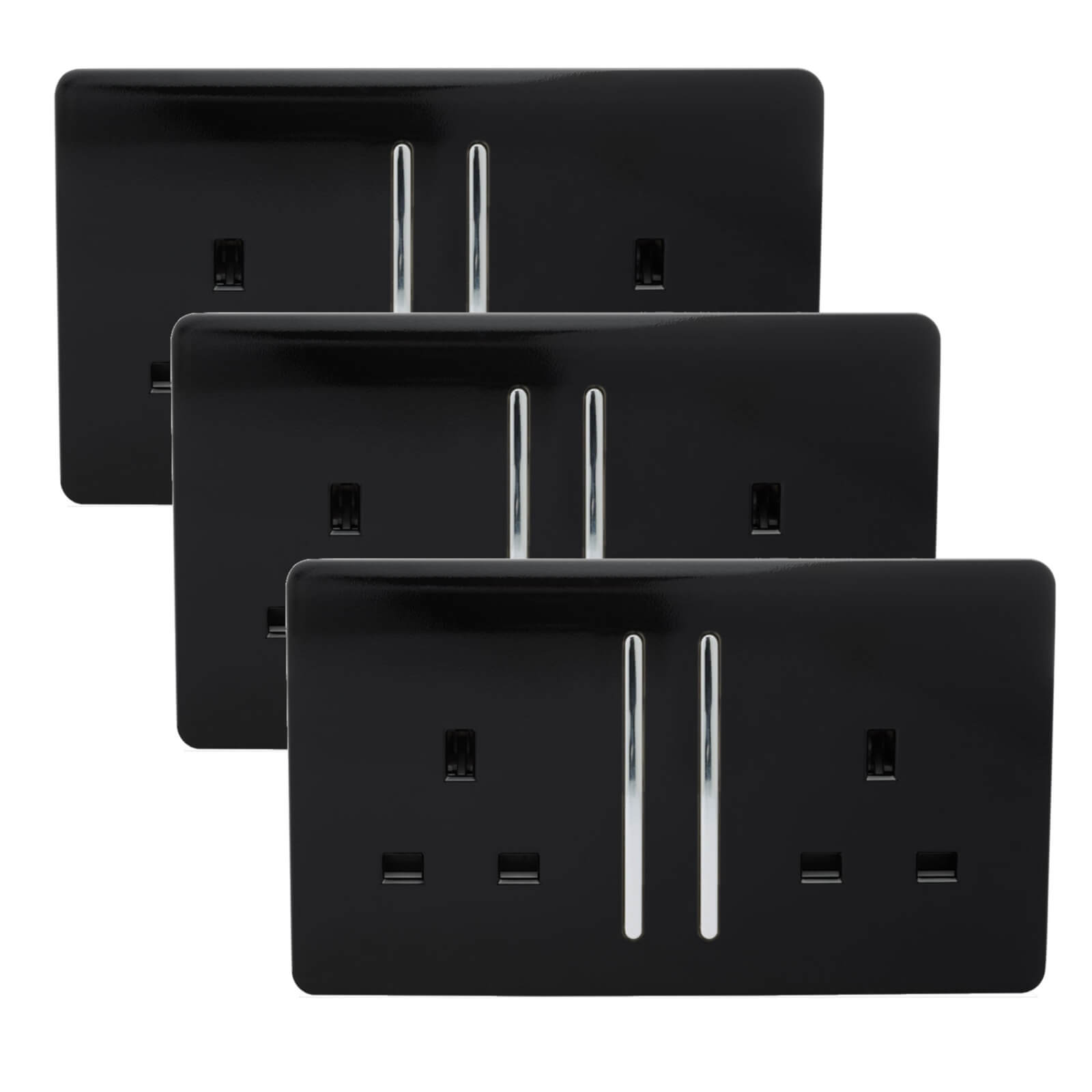 Trendi Switch 2 Gang 13 amp long switched Plug Socket in Screwless Black (3 Pack)