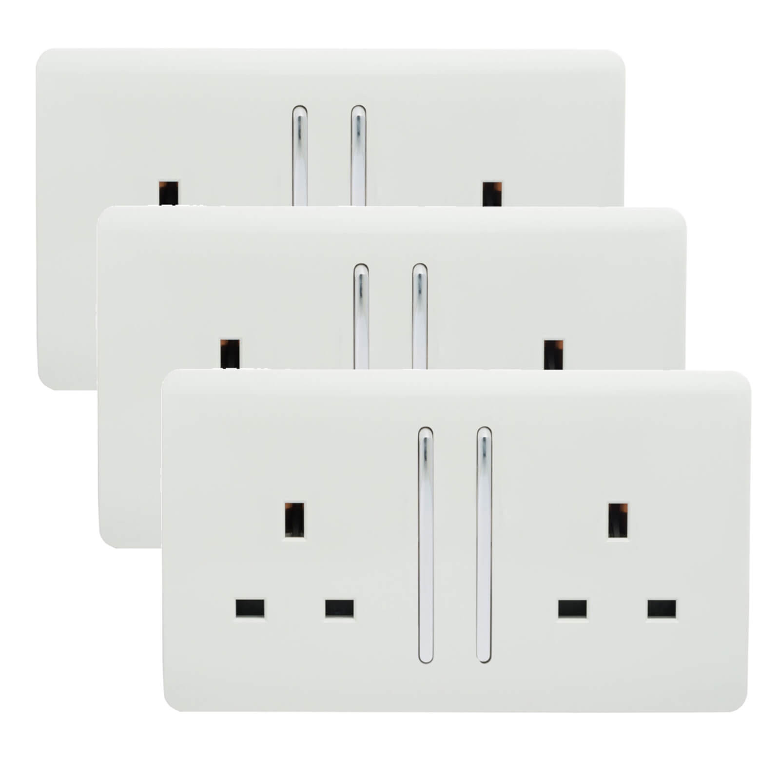 Trendi Switch 2 Gang 13 amp long switched Plug Socket in Screwless White (3 Pack)