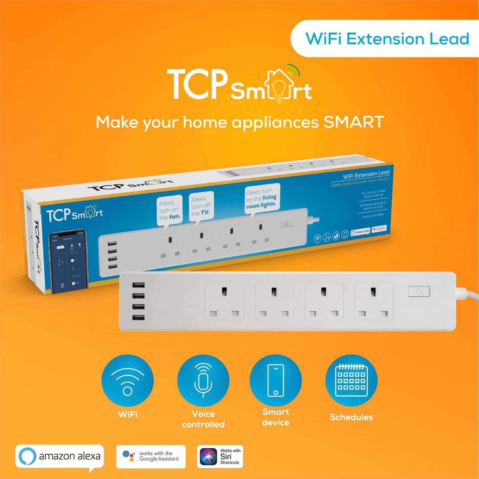 TCP Smart Wifi Extension Lead 4 Gang White Uk