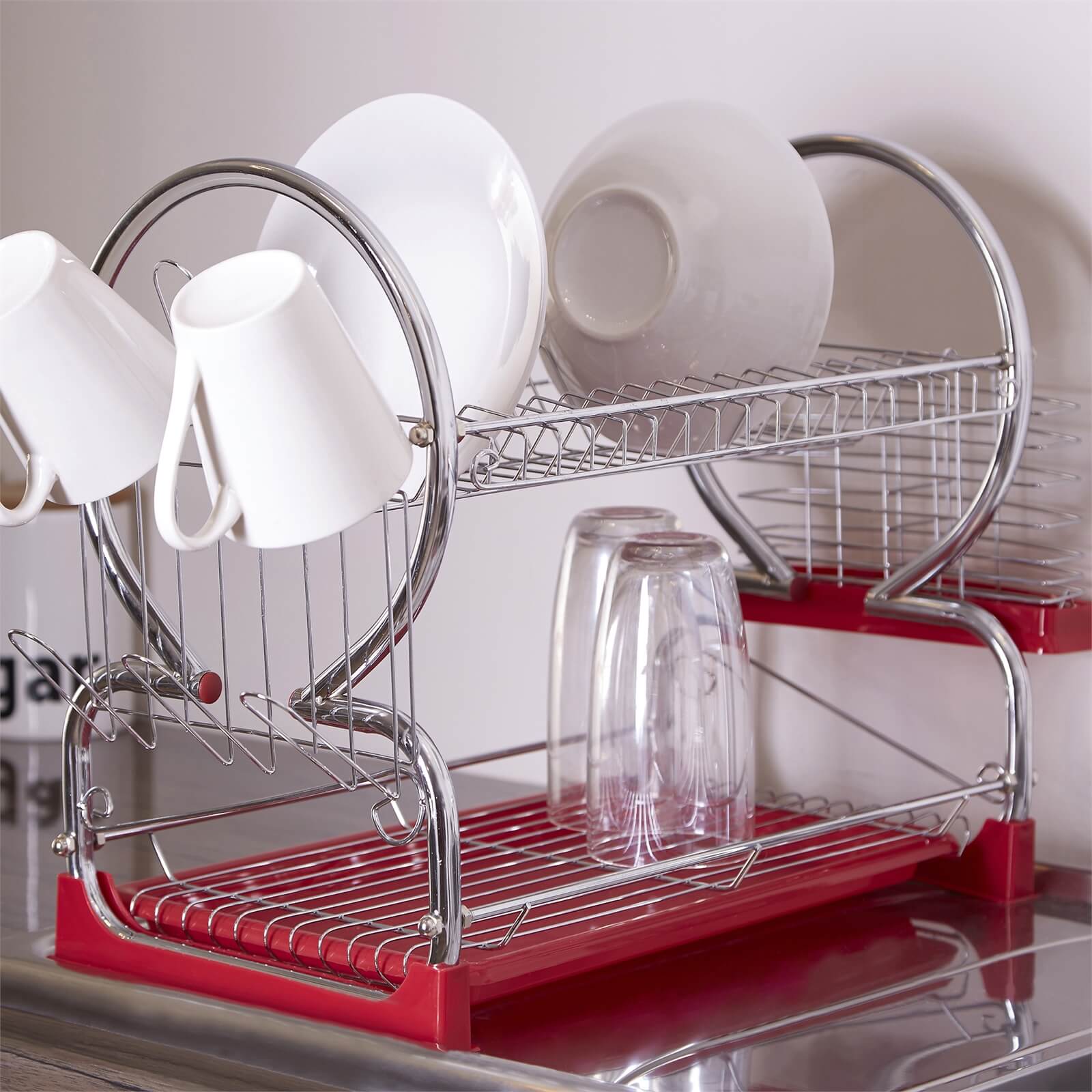 2 Tier Dish Drainer with Red Plastic Tray