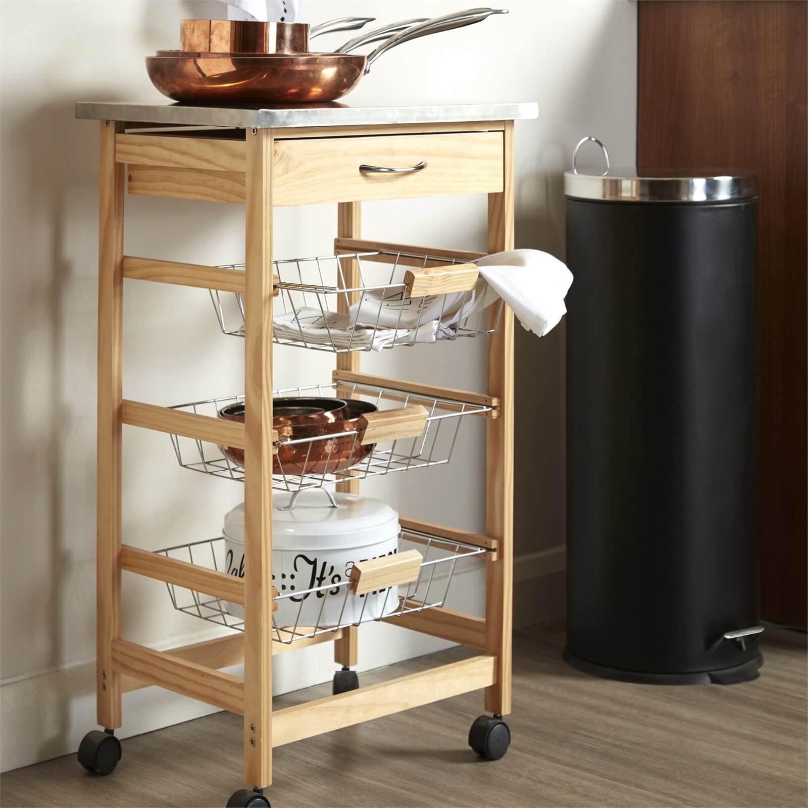 Pinewood Kitchen Trolley with 3 Wire Baskets