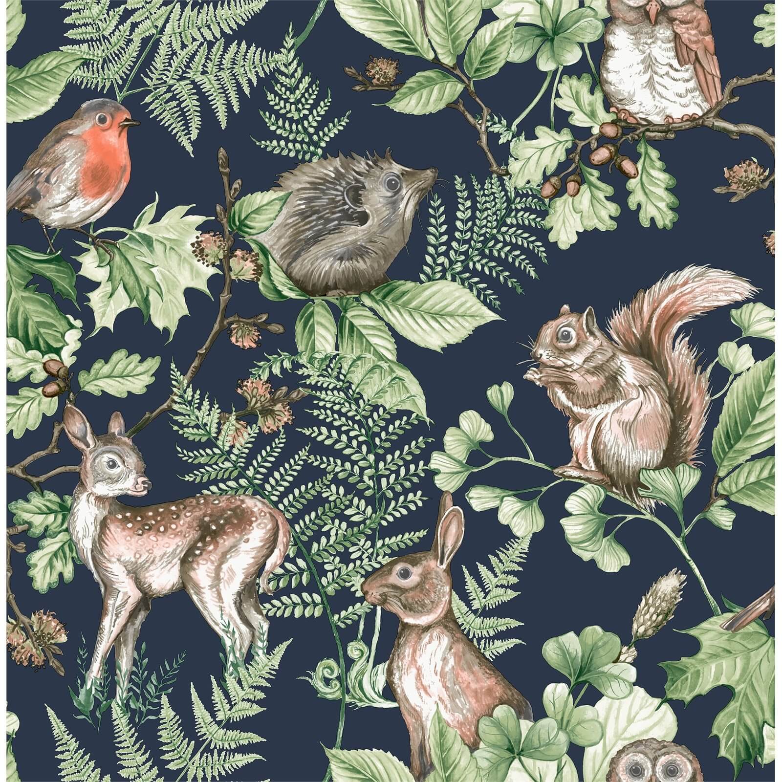 Fresco Woodland Animals Navy Wallpaper