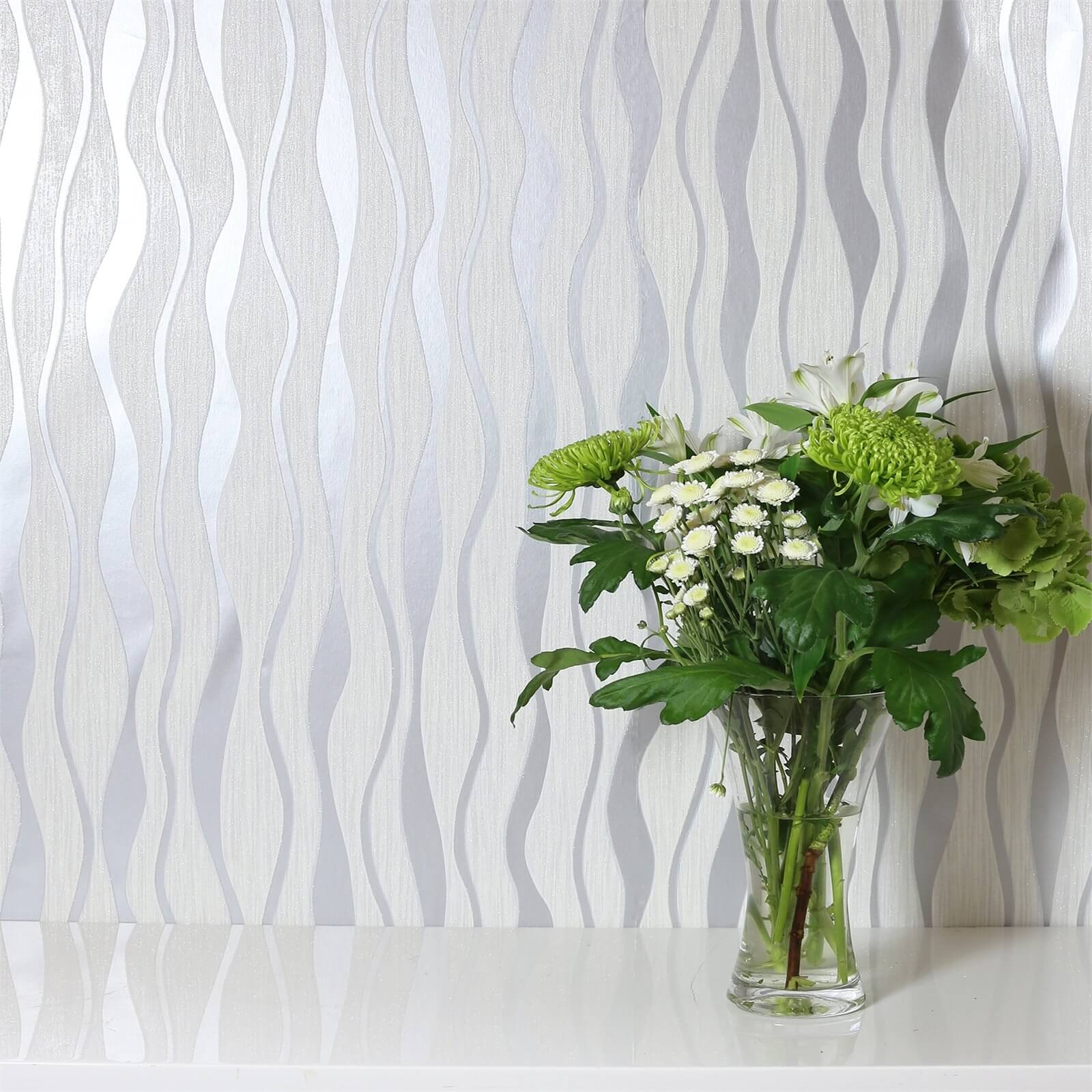 Arthouse Metallic Wave Textured Metallic Glitter White and Silver Wallpaper