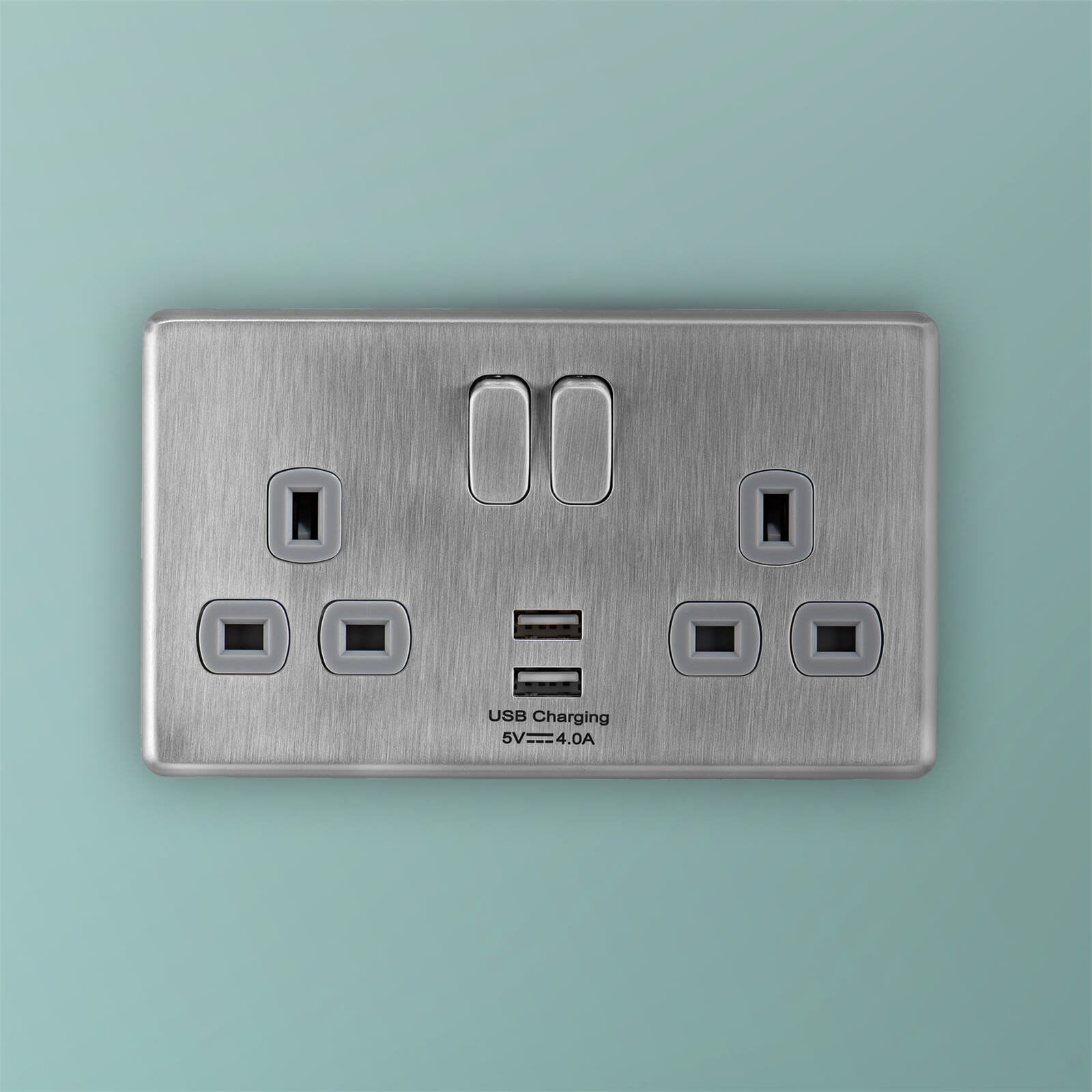 Arlec Fusion 13A 2 Gang Stainless Steel Double switched socket with 2x4A USB