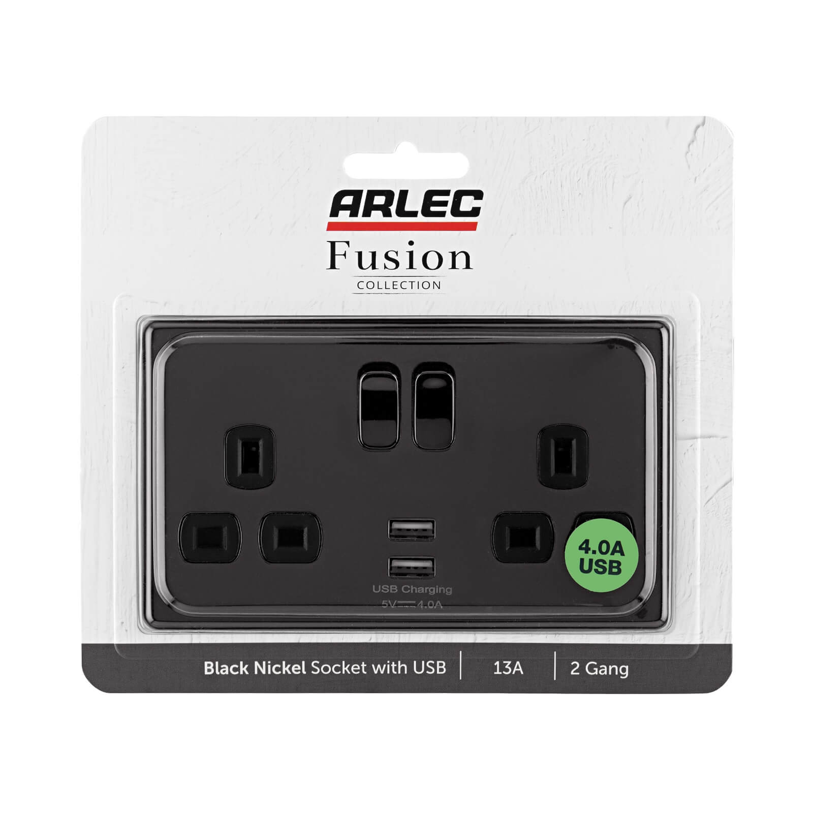 Arlec Fusion 13A 2 Gang Black Nickel Double switched socket with 2x4A USB