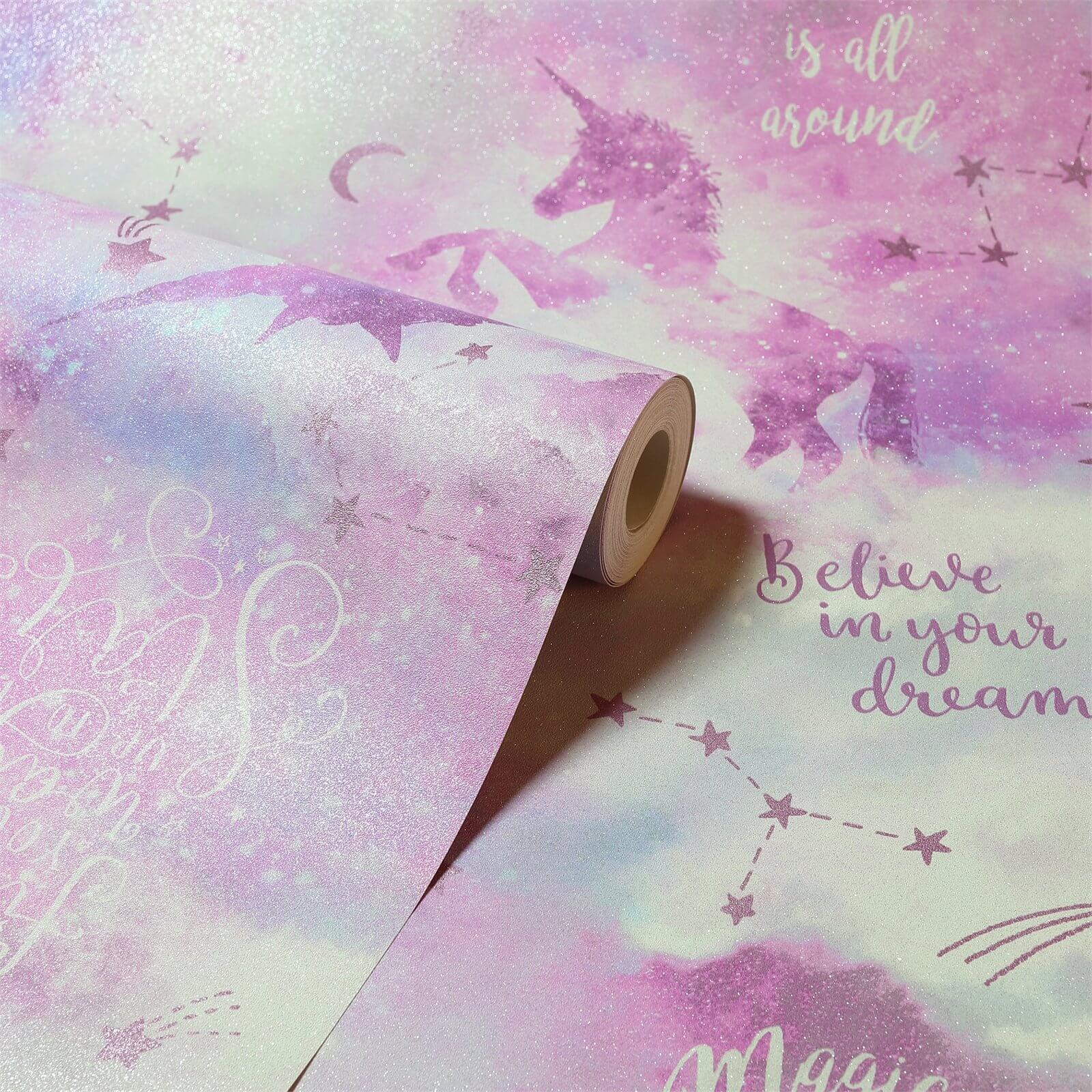 Arthouse Galaxy Unicorn Kids Textured Glitter Blush Pink Wallpaper