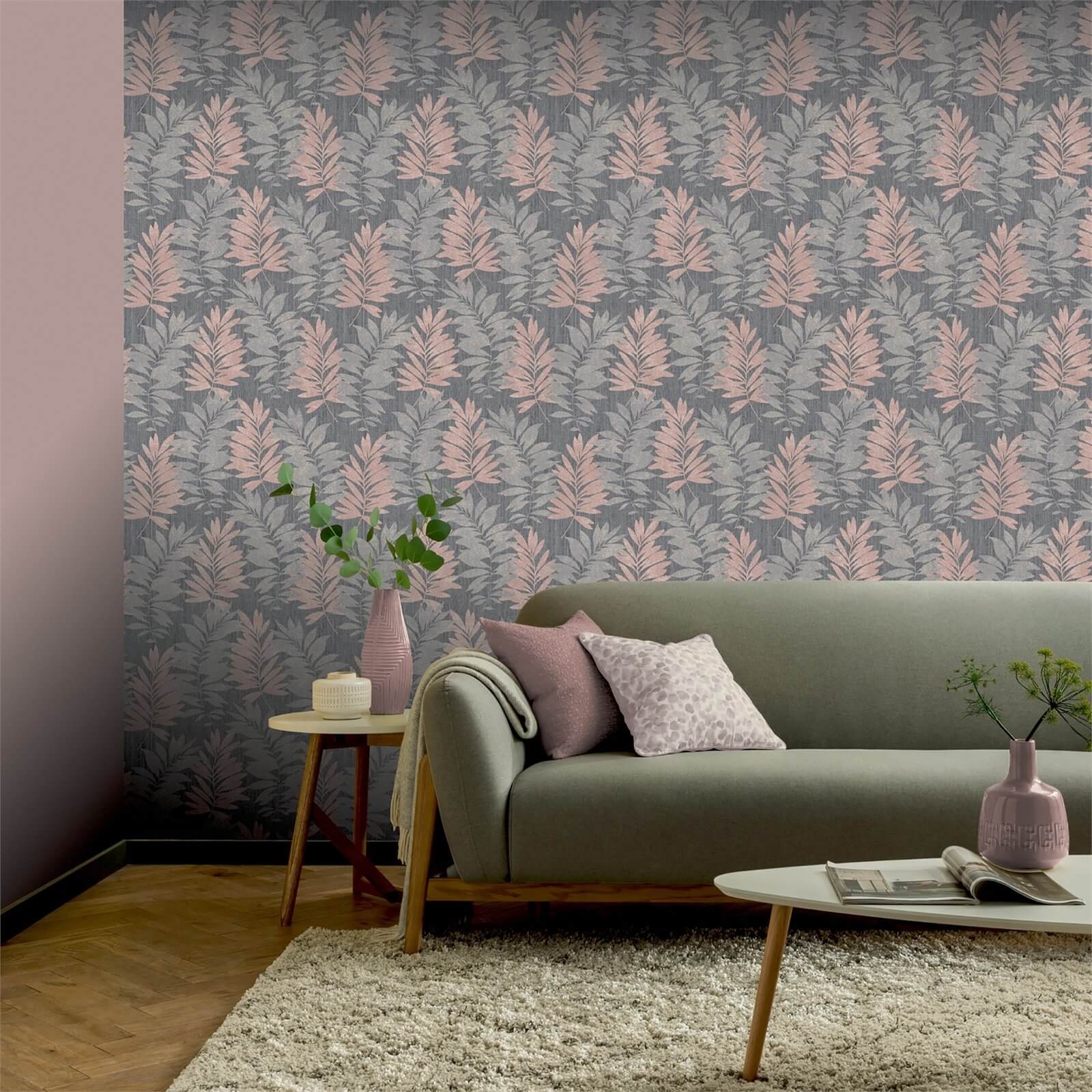 Arthouse Stardust Palm Leaf Textured Glitter Pink and Grey Wallpaper