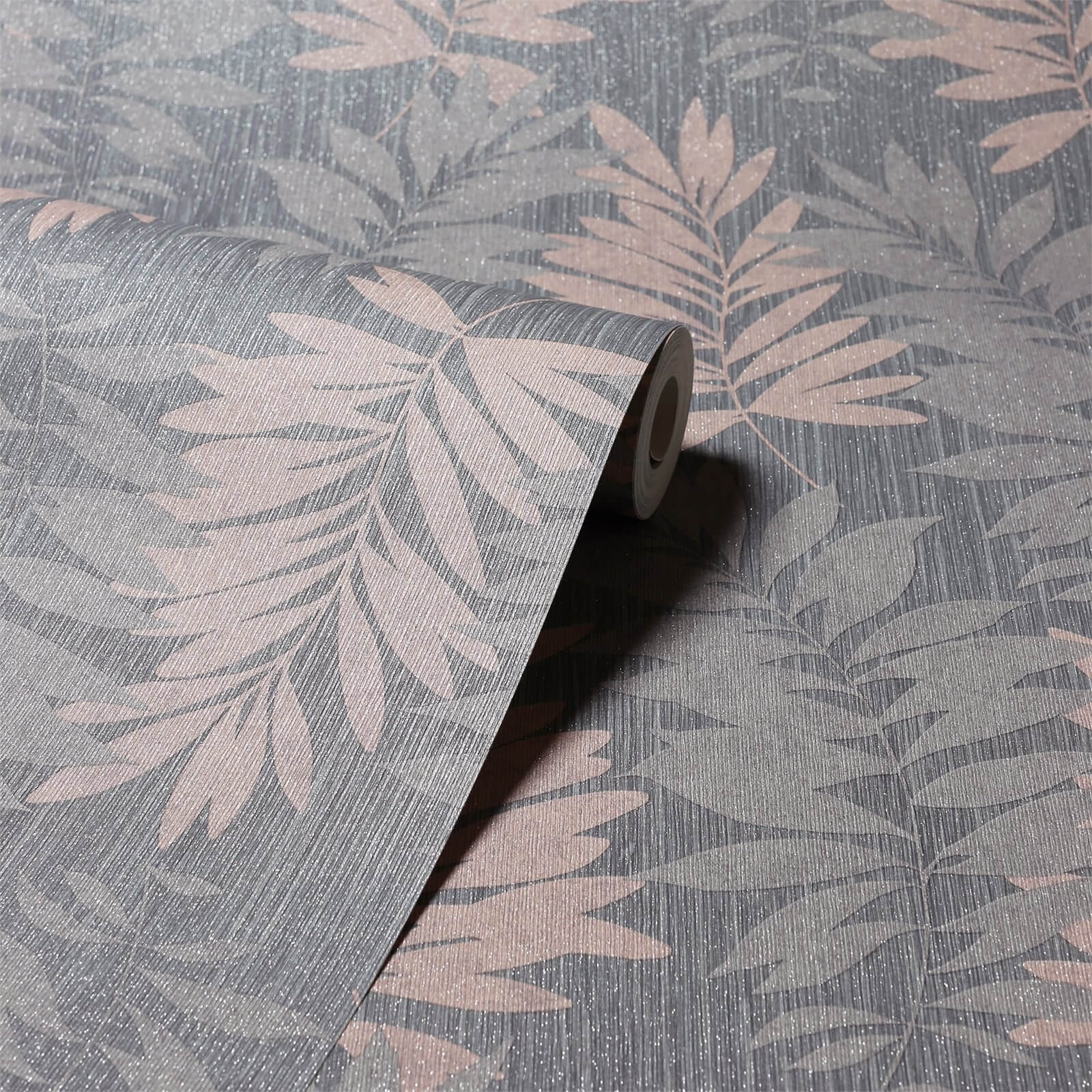 Arthouse Stardust Palm Leaf Textured Glitter Pink and Grey Wallpaper
