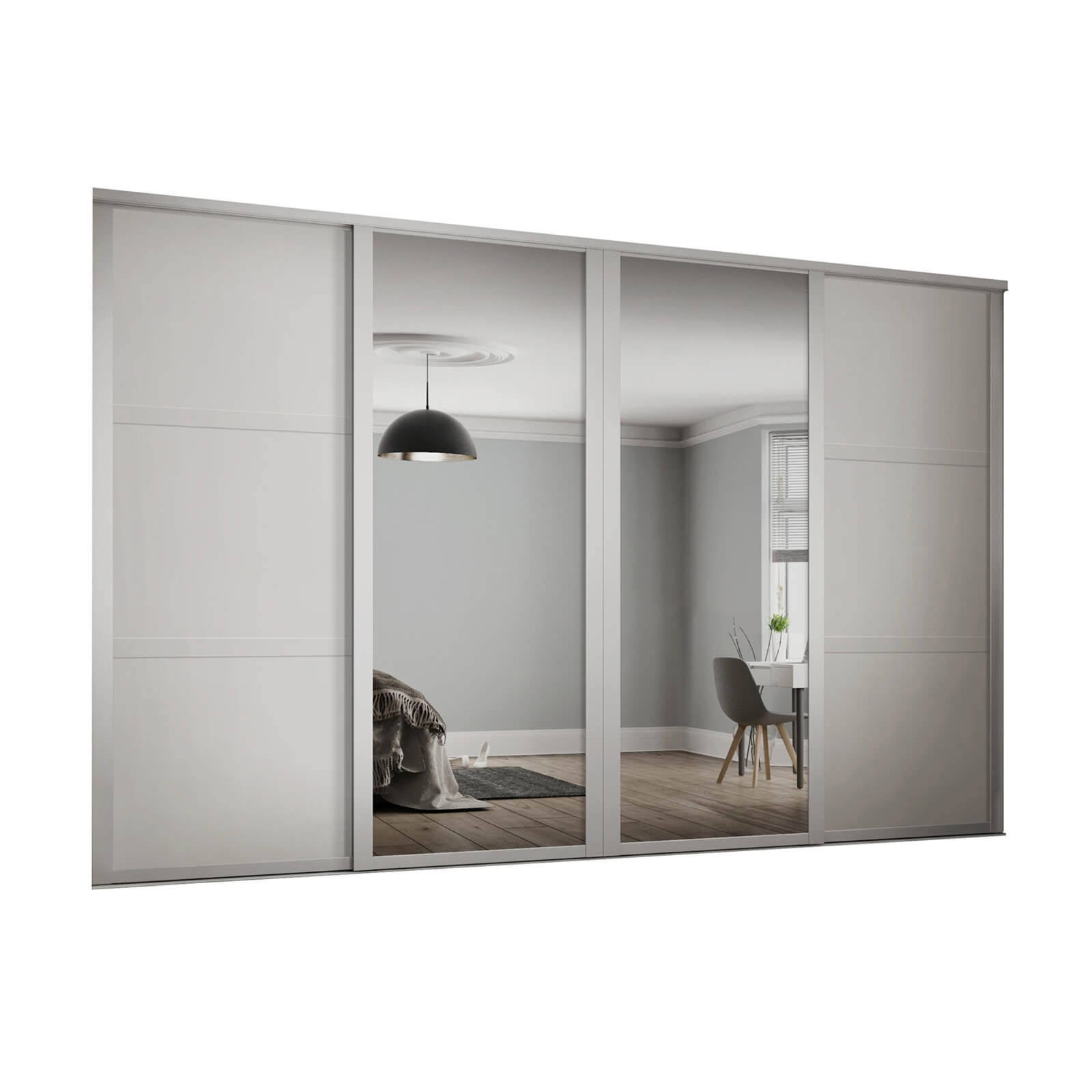 Shaker 4 Door Sliding Wardrobe Kit White Panel / Mirror with White Frame (W)2898 x (H)2260mm