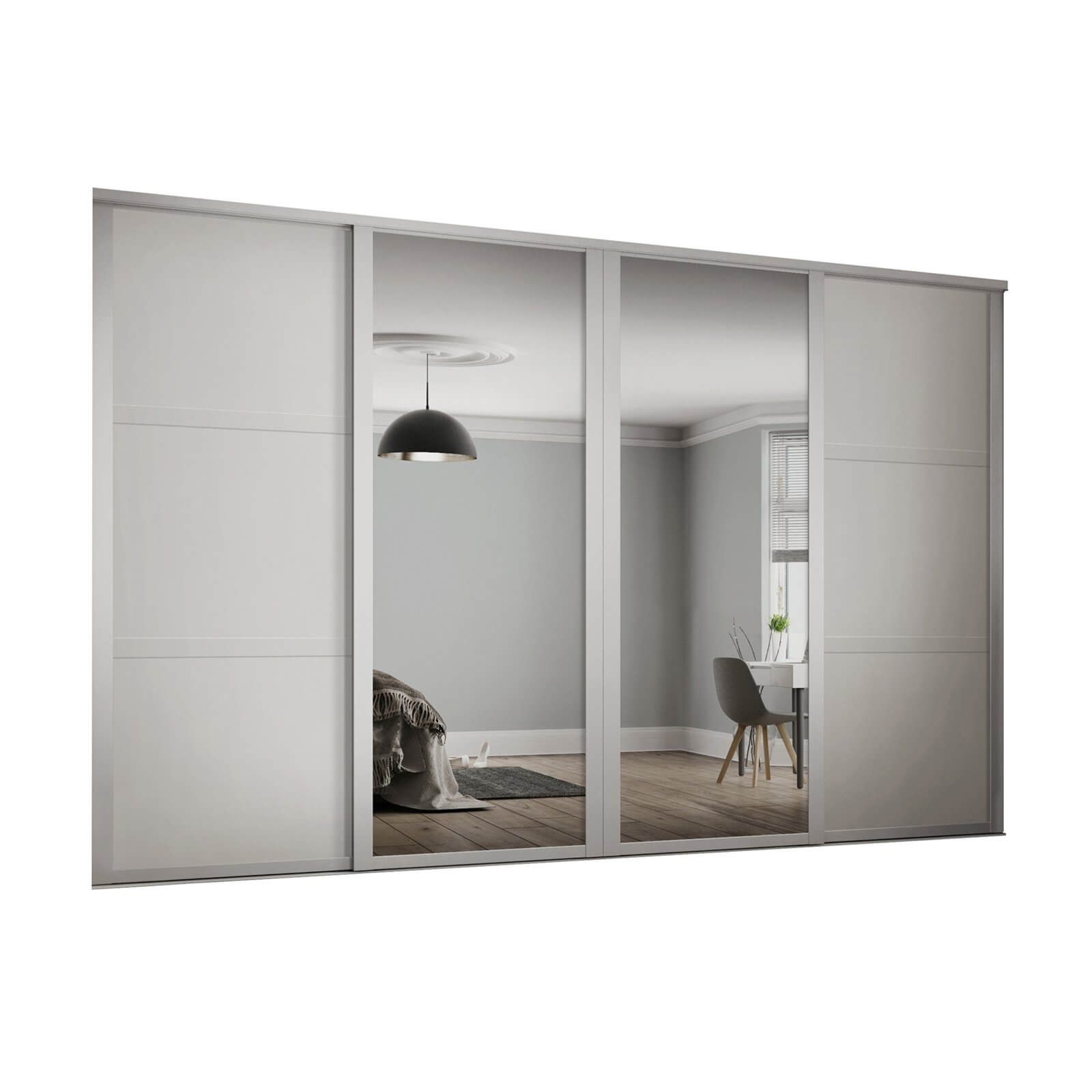 Shaker 4 Door Sliding Wardrobe Kit White Panel / Mirror with White Frame (W)2290 x (H)2260mm