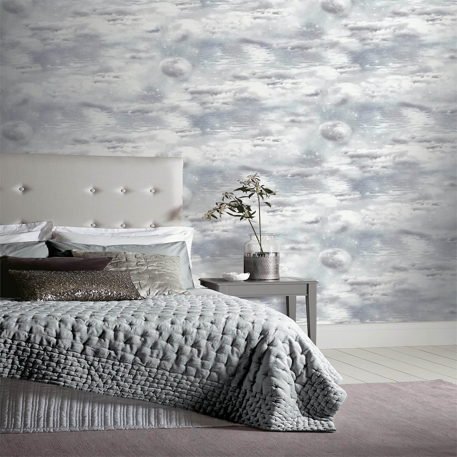 Arthouse Watery Skies Clouds Smooth Glitter Grey Wallpaper