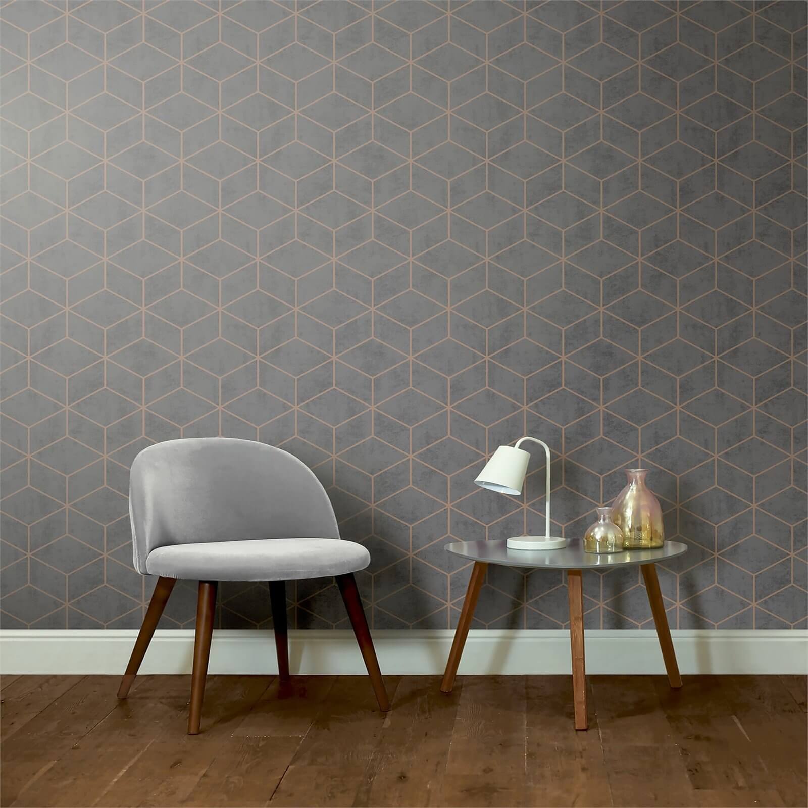 Arthouse Box Geometric Smooth Metallic Charcoal and Copper Wallpaper