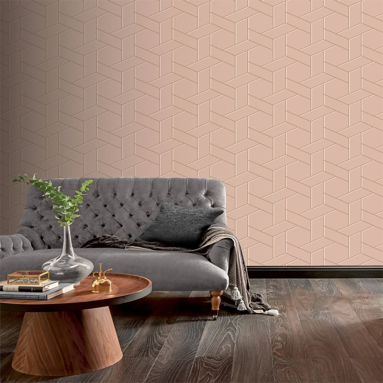 Arthouse Parquet Geometric Smooth Metallic Pink and Rose Wallpaper