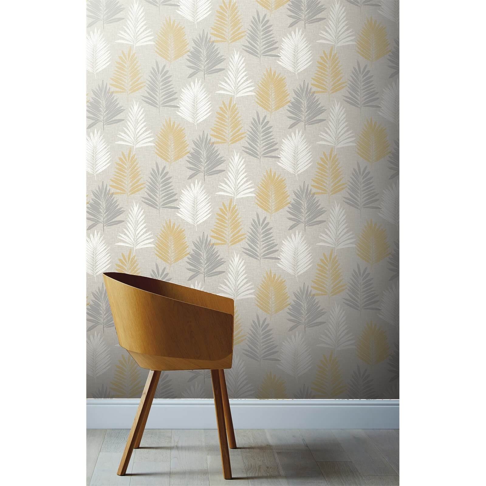 Arthouse Linen Palm Leaf Smooth Ochre and Grey Wallpaper