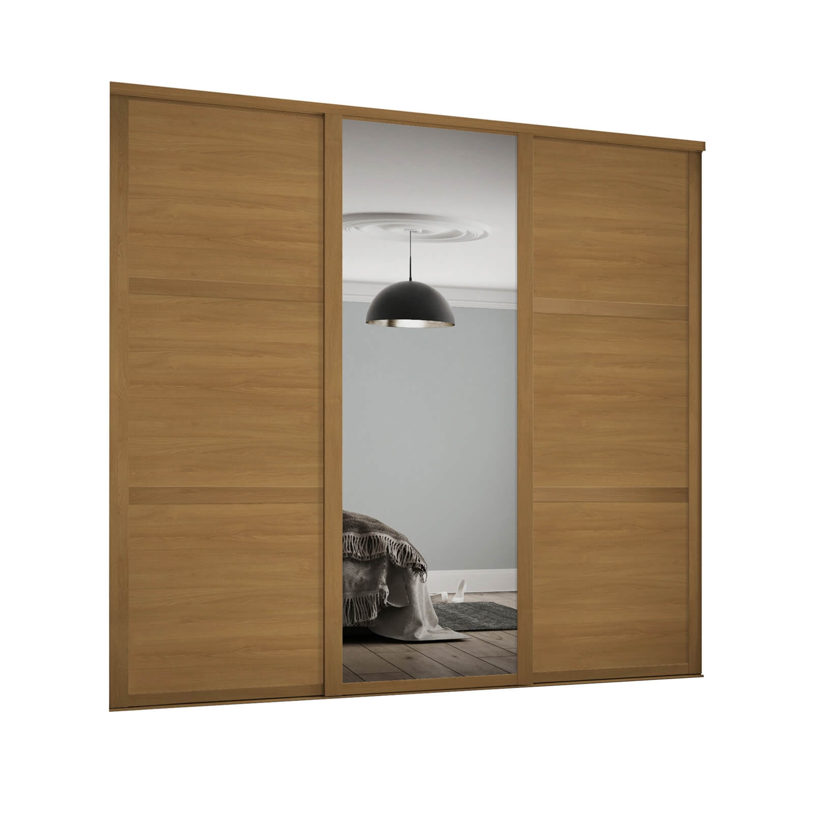 Shaker 3 Door Sliding Wardrobe Kit Oak Panel / Mirror with Oak Frame (W)2136 x (H)2260mm