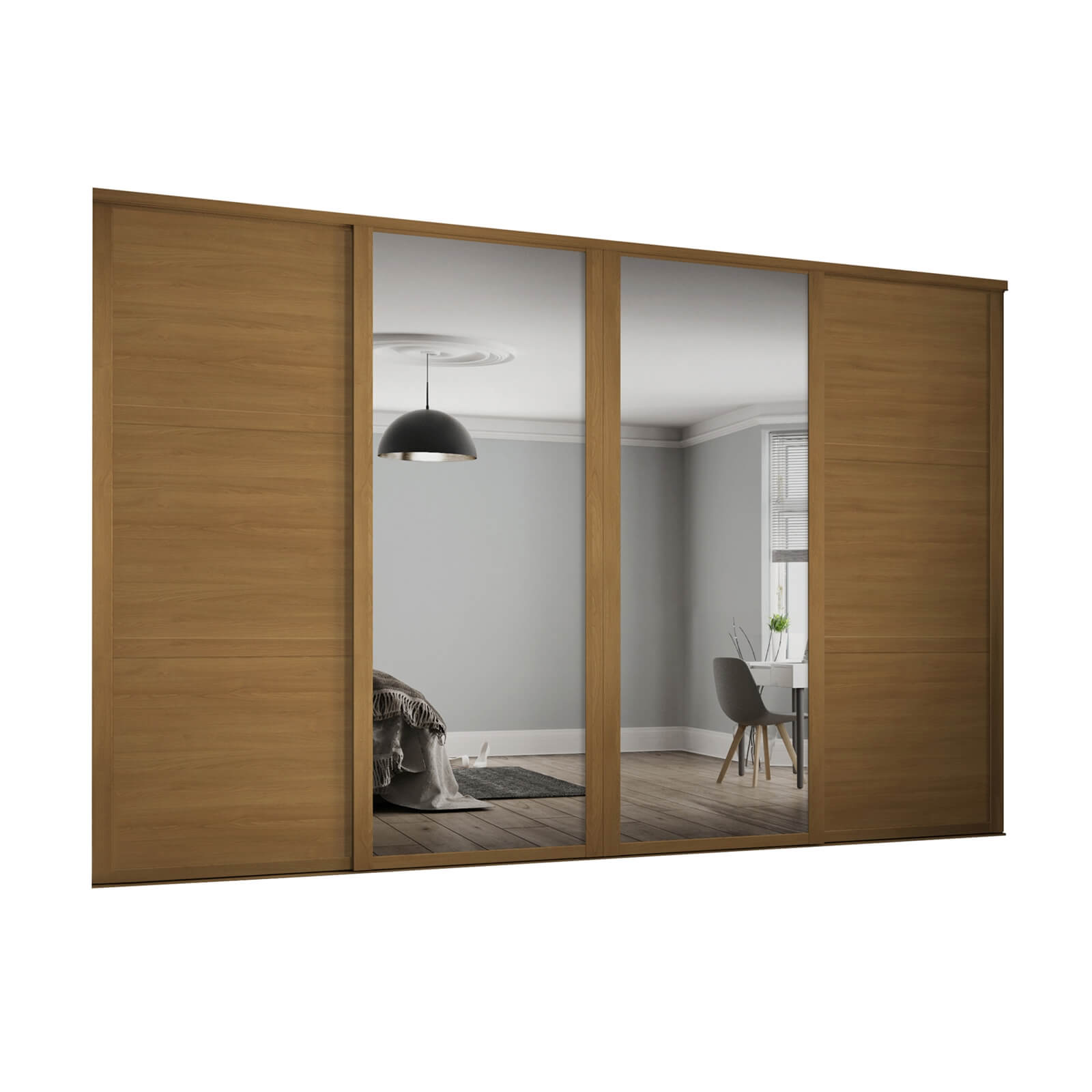 Shaker 4 Door Sliding Wardrobe Kit Oak Panel / Mirror with Oak Frame (W)2898 x (H)2260mm