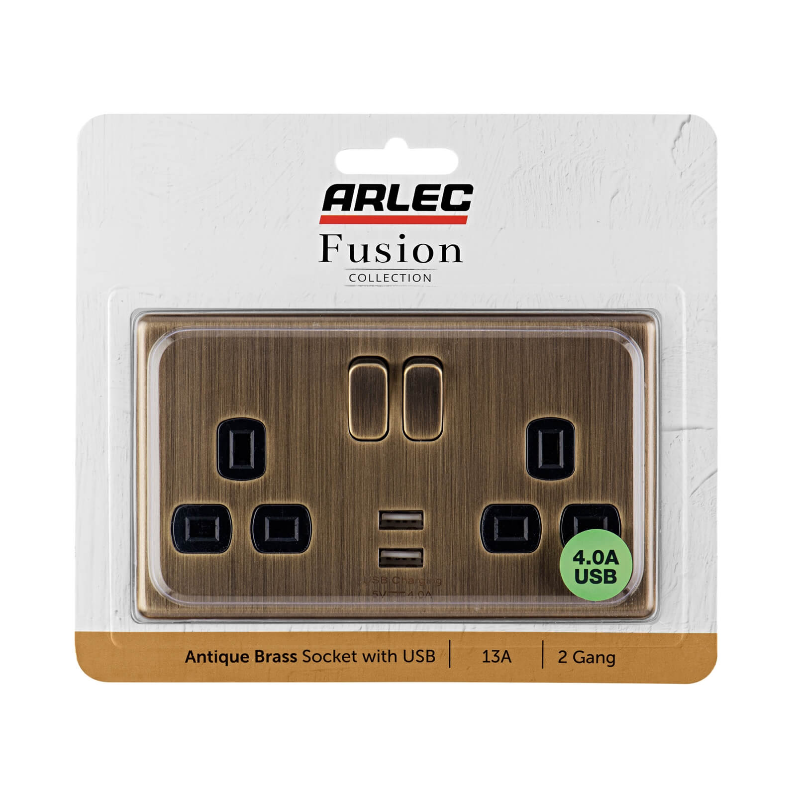 Arlec Fusion 13A 2 Gang Antique Brass Double switched socket with 2x4A USB