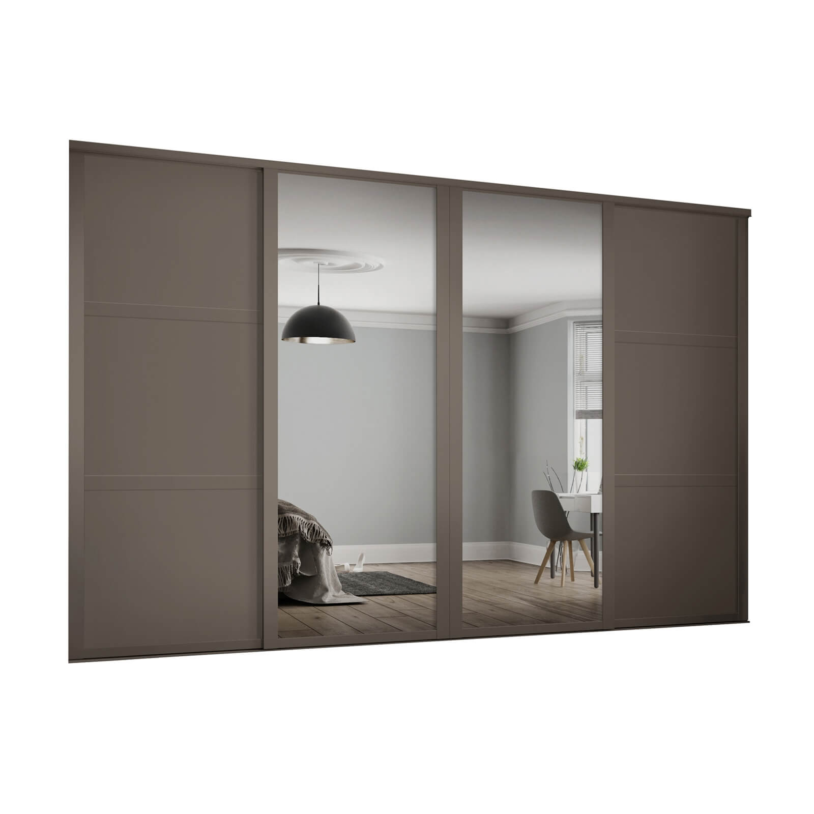 Shaker 4 Door Sliding Wardrobe Kit Stone Grey Panel / Mirror with Stone Grey Frame (W)3506 x (H)2260mm