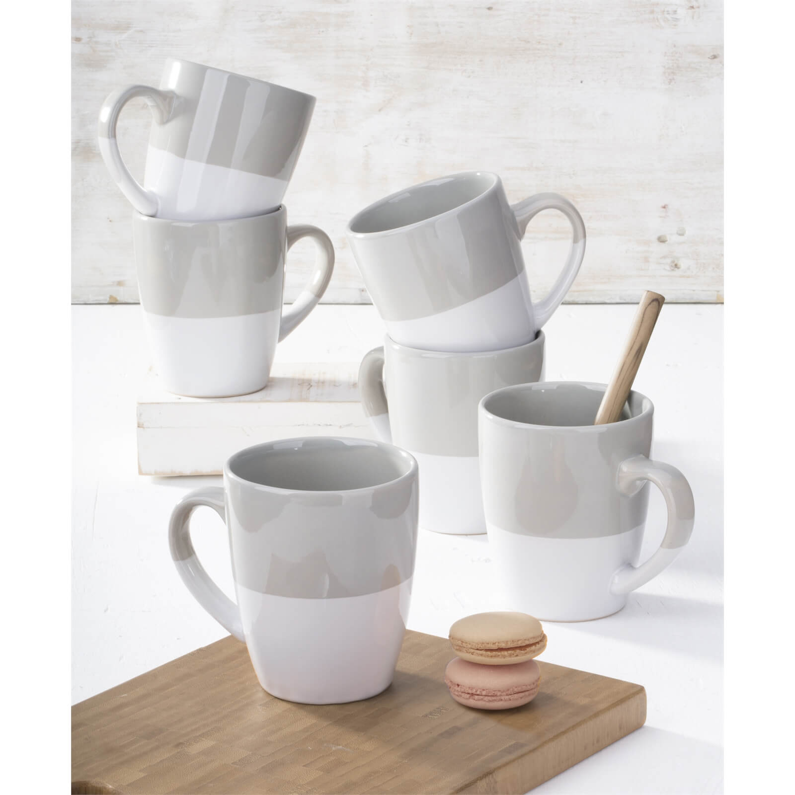 Grey White Dipped Glaze Mugs - 6 Piece Set