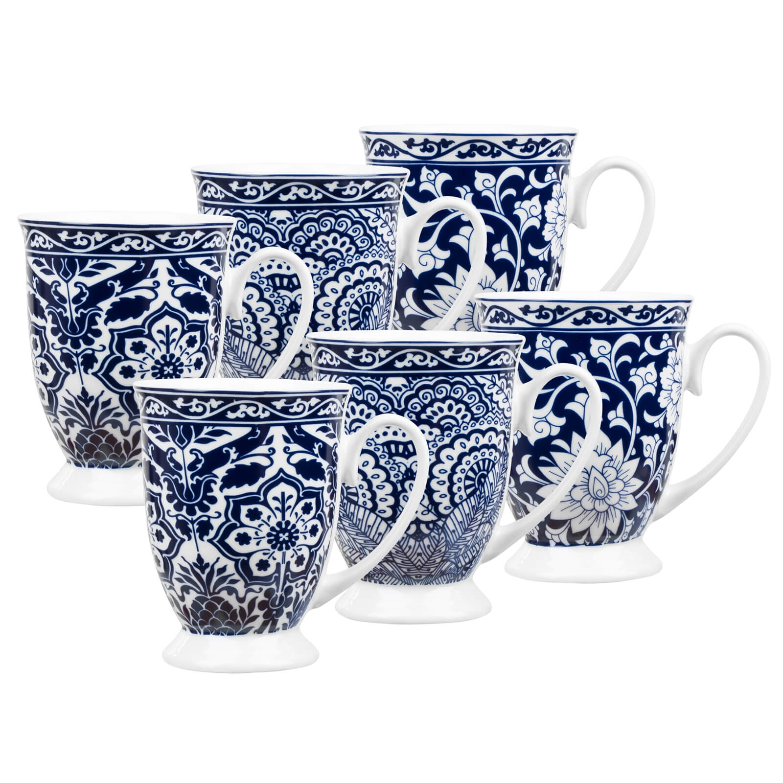 Blue White Footed Mugs - 6 Piece Set
