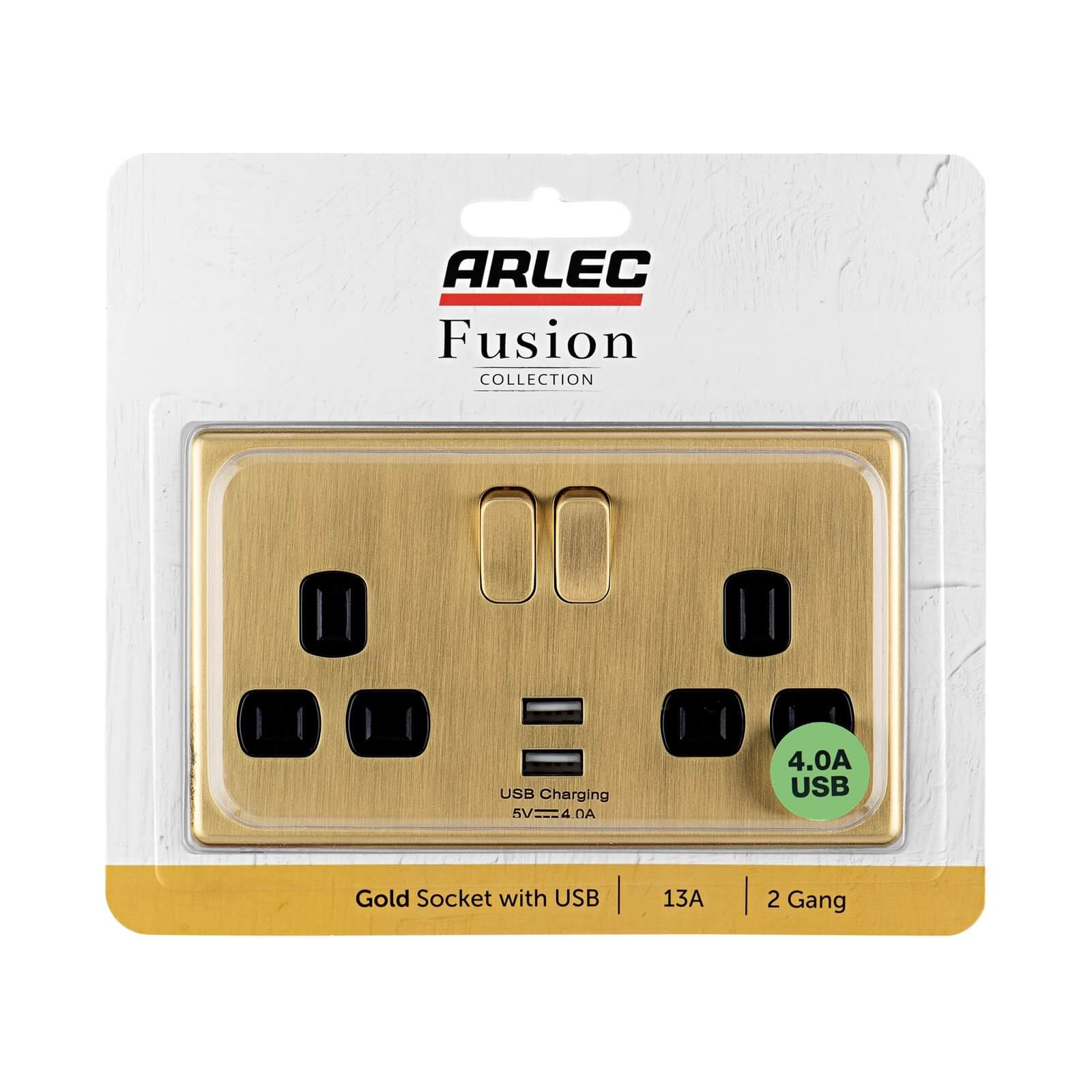 Arlec Fusion 13A 2 Gang Gold Double switched socket with 2x4A USB