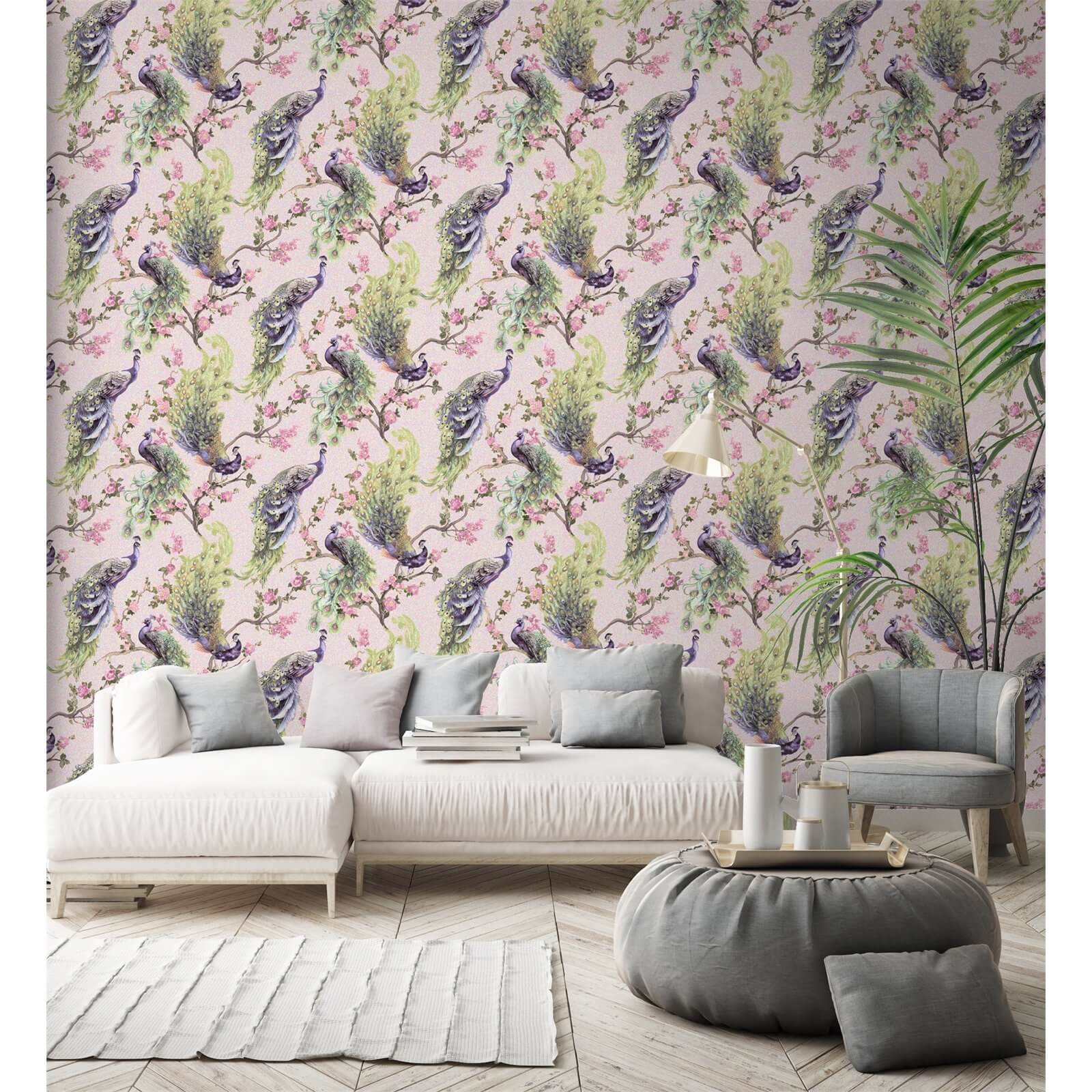 Holden Decor Menali Peacock Floral Textured Glitter Pink Wallpaper
