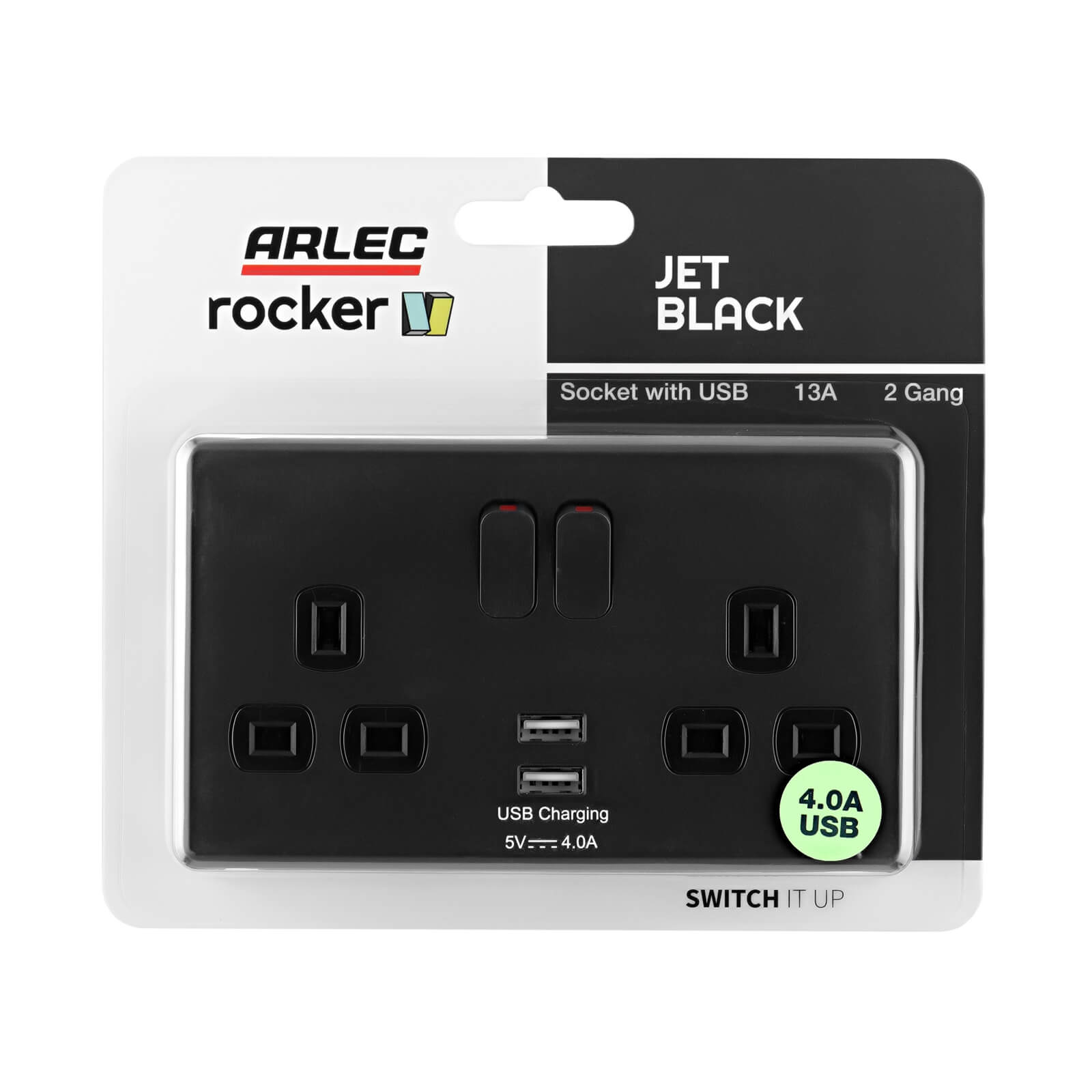 Arlec Rocker Jet Black  Double USB Socket 2 x 4A USB
