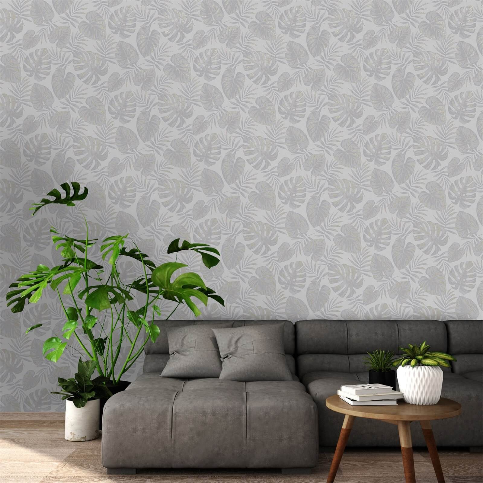 Holden Decor Riviera Leaf Textured Metallic Grey Wallpaper