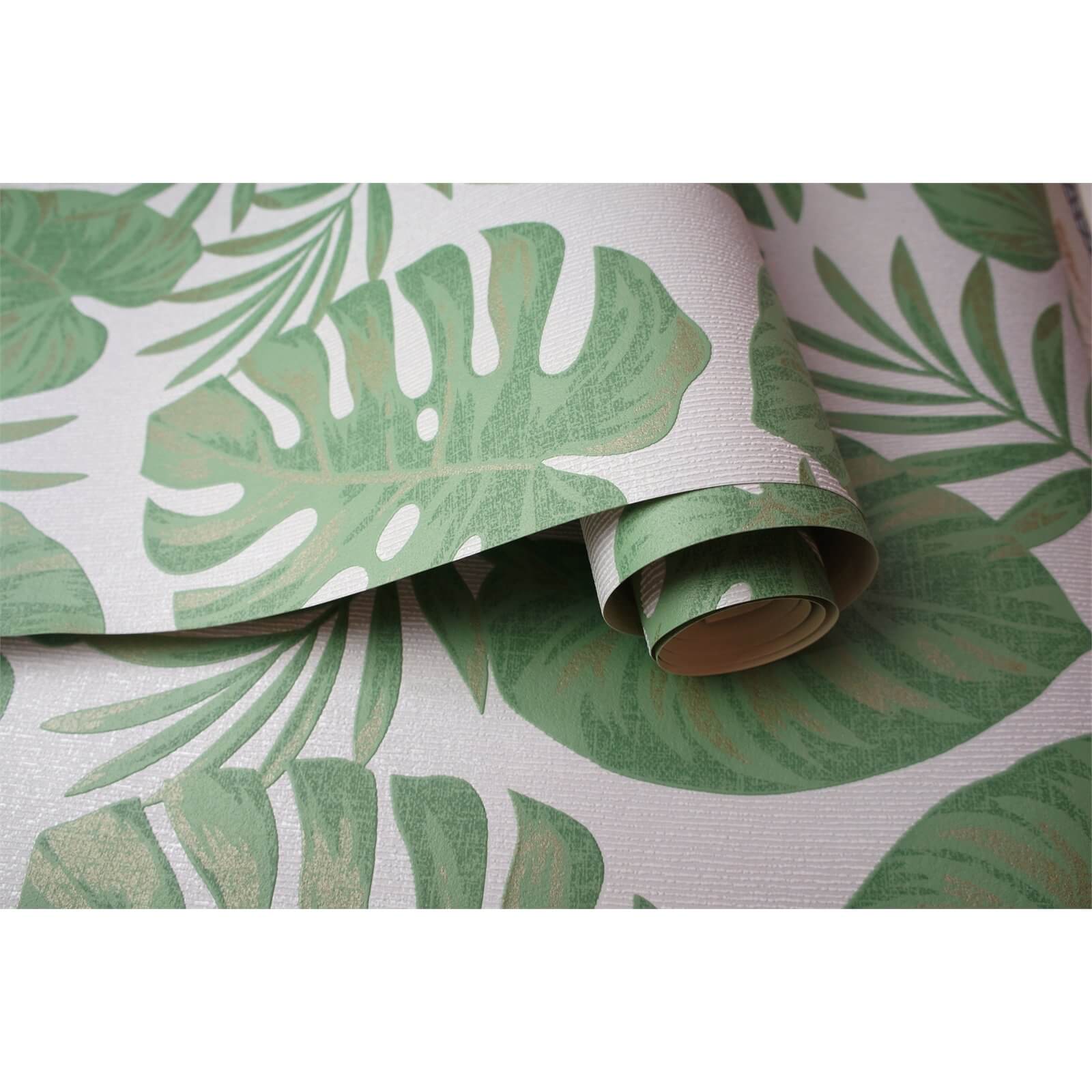 Holden Decor Riviera Leaf Textured Metallic Grey and Green Wallpaper